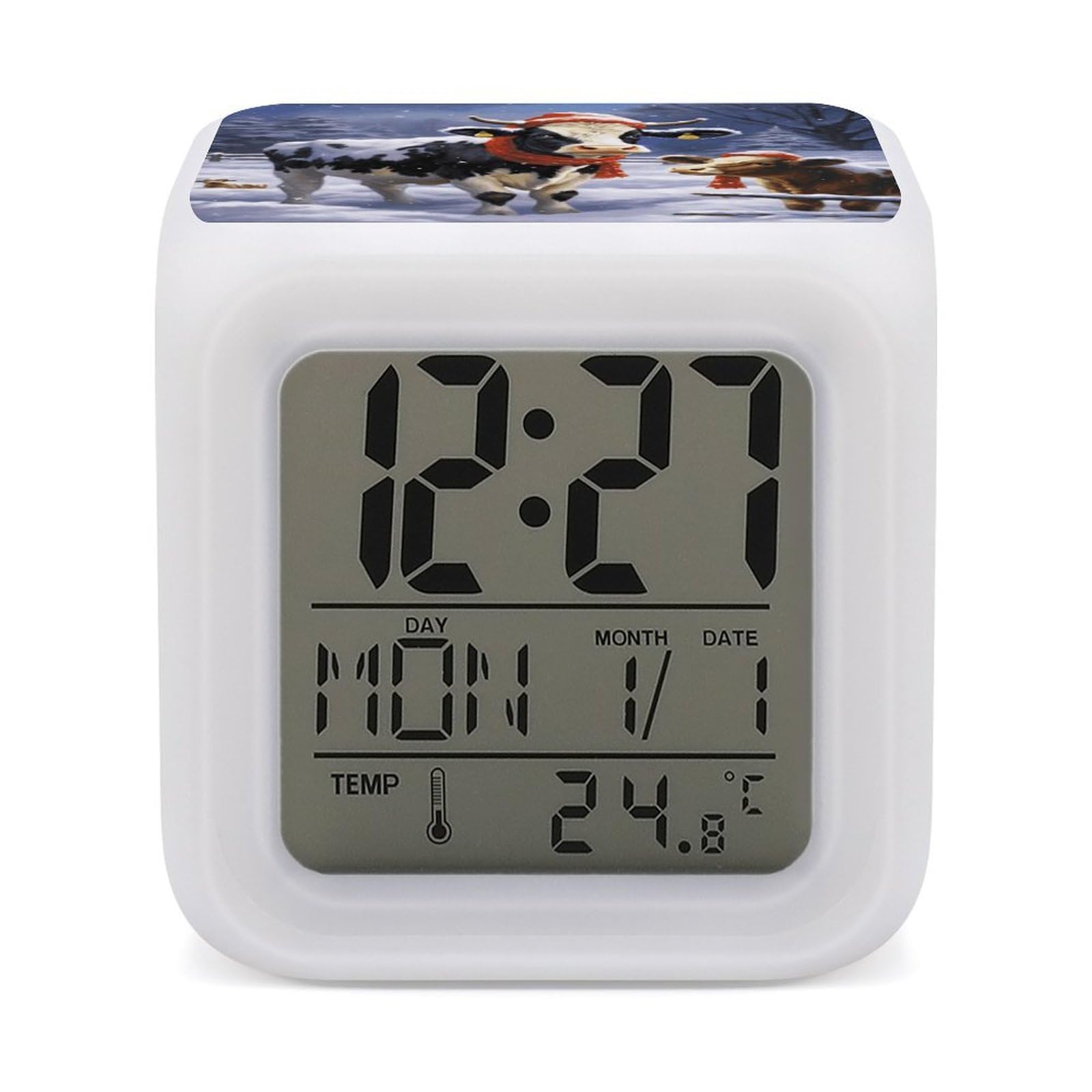 VstaDank Christmas Snow Cow Digital Alarm Clock LED Display Screen Color Change Alarms Clock Smart Alarm Clock Wake Up Digital Clocks with 7 Color Nightlight for Bedroom