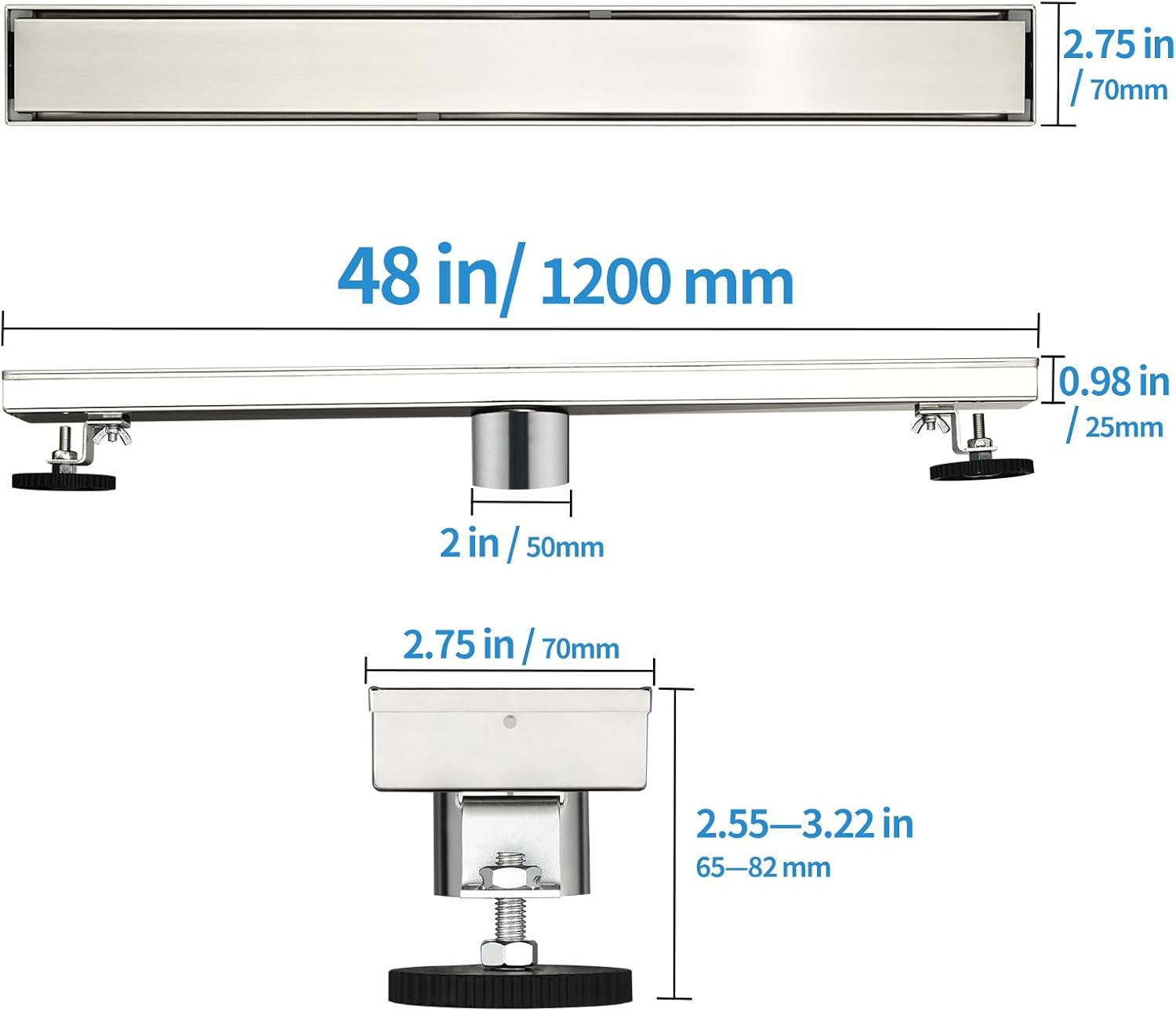 linear shower drain ?48 inch brushed 304 stainless steel rectangle shower floor drain?with reversable tile-inpattern drain cover & hair catcher, adjustable feet 48inch brushed nickel