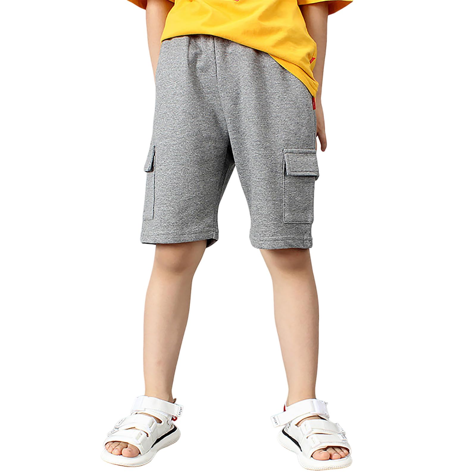Boys Cotton Cargo Sweat Shorts Knee Length Elastic Waist Drawstring Jogger Shorts Summer Casual Sports SweatShorts with Multi Pockets Gray 11-12 Years