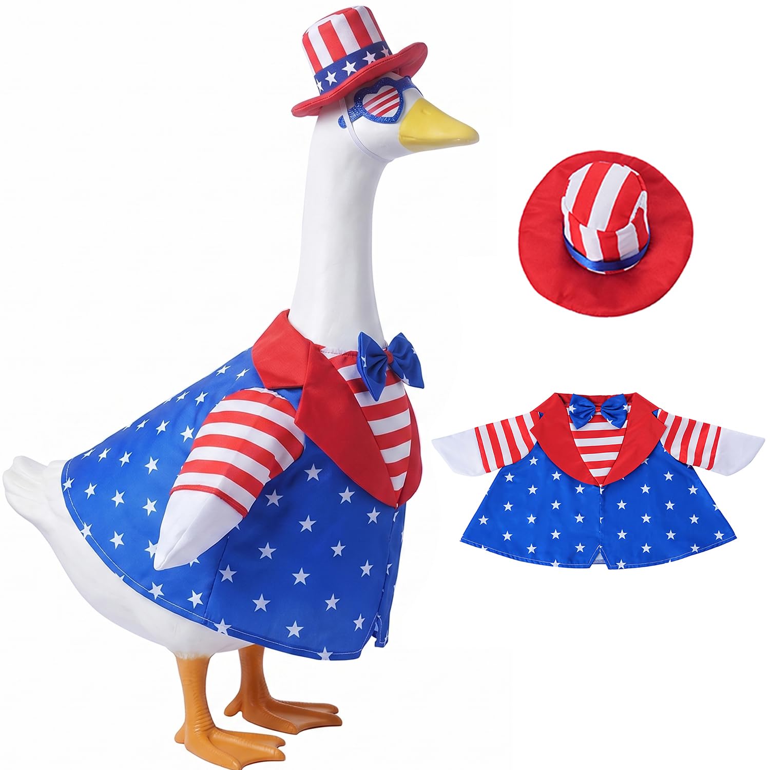 Cusmmi 4th of July Porch Goose Outfit, Patriotic Red White Blue Star & Stripes Costume with Top Hat, Decorative Clothes for 23" Lawn Goose Statue, Independence Day Yard Decor