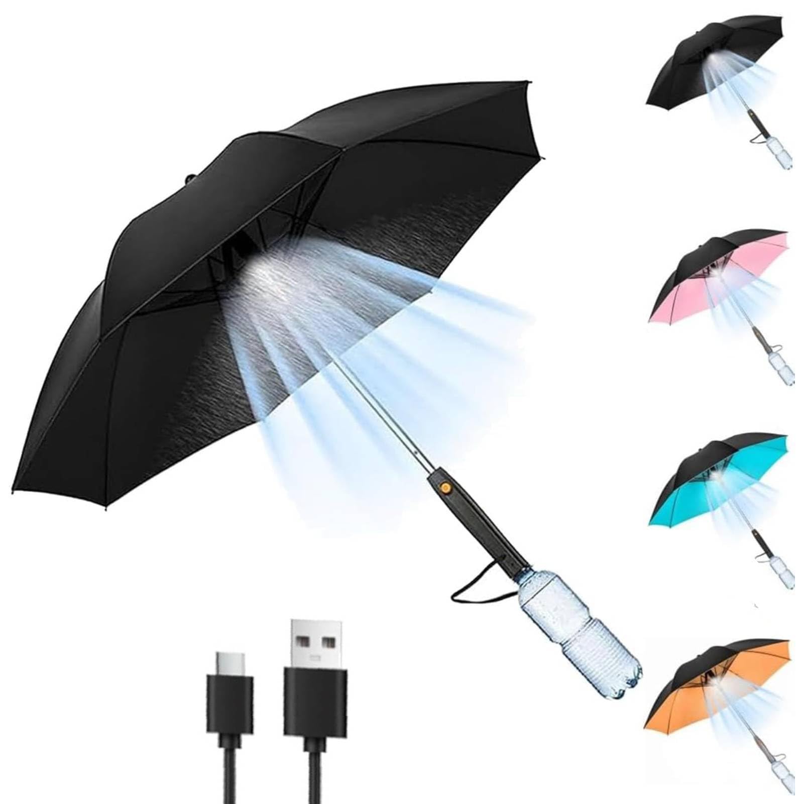 Parapluie brumisateur avec ventilateur et bouteille d'eau, portable 3 en 1 rechargeable par USB, parasol avec brume pour extérieur, plage, barbecue et festivals, blocage des UV