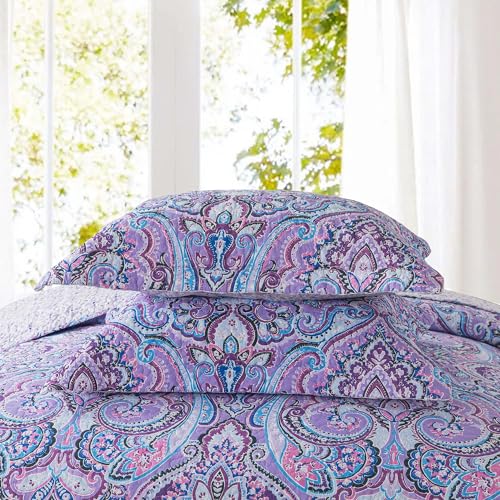 NEWLAKE Cotton Bedspread Quilt Sets-Reversible Patchwork Coverlet Set, European Purple Floral Pattern, King Size