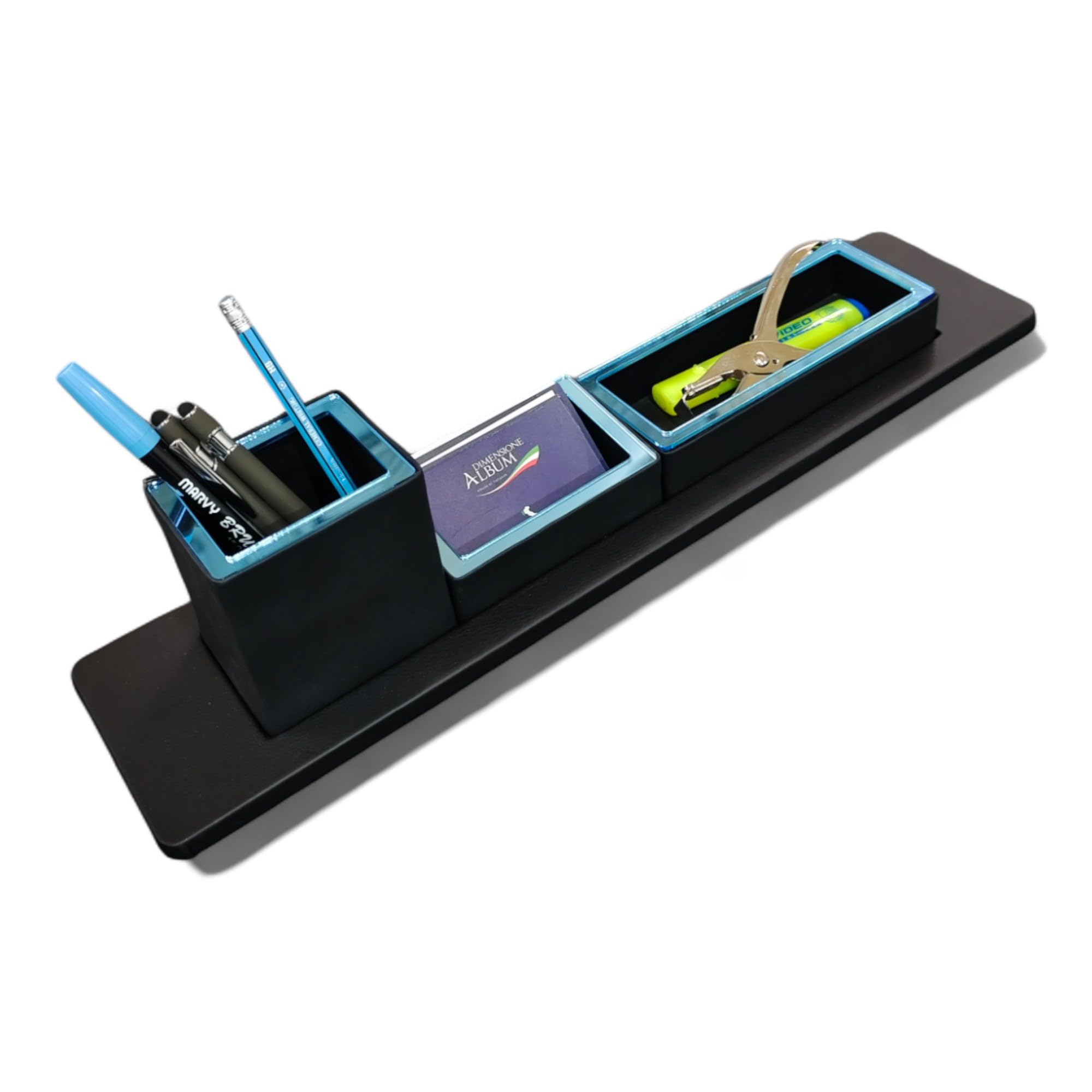 Oggettando Schreibtisch-Set aus schwarzem Kunstleder, 3 in 1, ineinandergreifender Organizer, Stiftehalter, Kartenhalter, Tischrahmen, Schreibtischunterlage – Büro Zuhause (hellblaues Acryl)