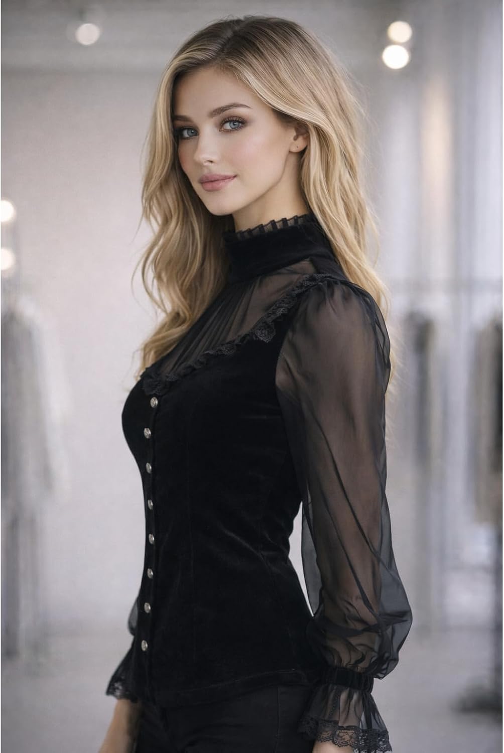 Gothic Black Velvet Shirt for Women Lace Trim Sheer Mesh Long Sleeve Blouse Victorian Steampunk Renaissance Party Shirt - Image 4