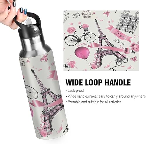 Vista 81 de Botella de agua de acero inoxidable con aislamiento al vacío, diseño de remolino, diseño de espiral, diseño abstracto retro, con popote y asa