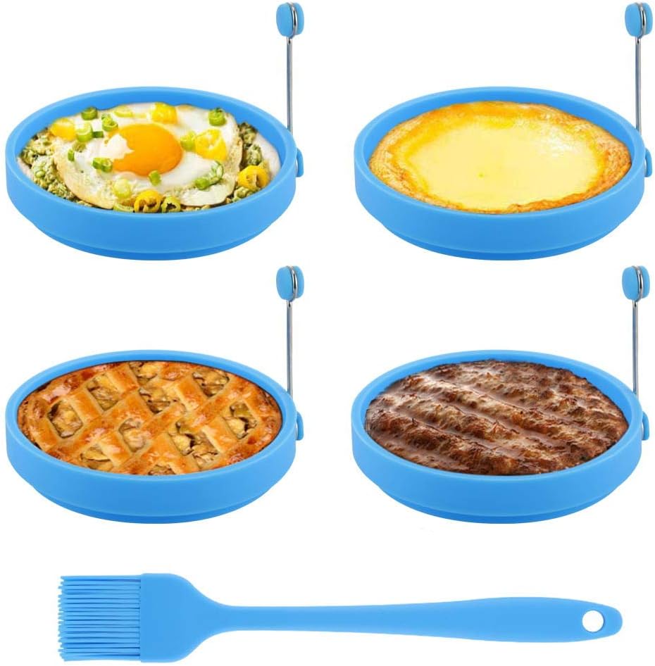 Egg Ring, TGJOR Egg Cooking Rings, Round Pancake Mold, Non Stick Silicone Ring for Eggs, 4 Pack Reusable Fried Egg Mold with an Oil Brush (Blue)