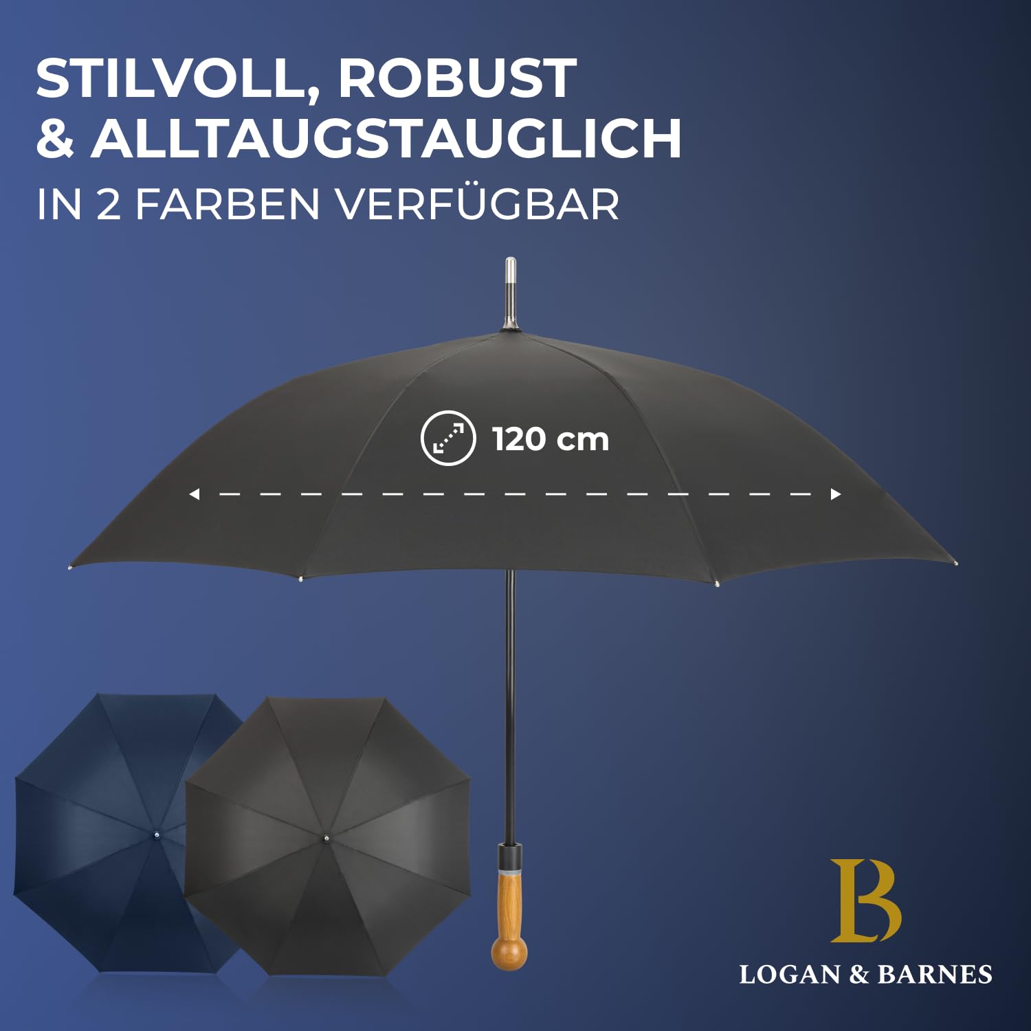 LOGAN & BARNES Regenschirm Selbstverteidigung Ø120cm mit Hartholzknauf und unzerbrechlicher Stahlspitze - Selbstverteidungsschirm mit automatischer Öffnung - Modell DETROIT