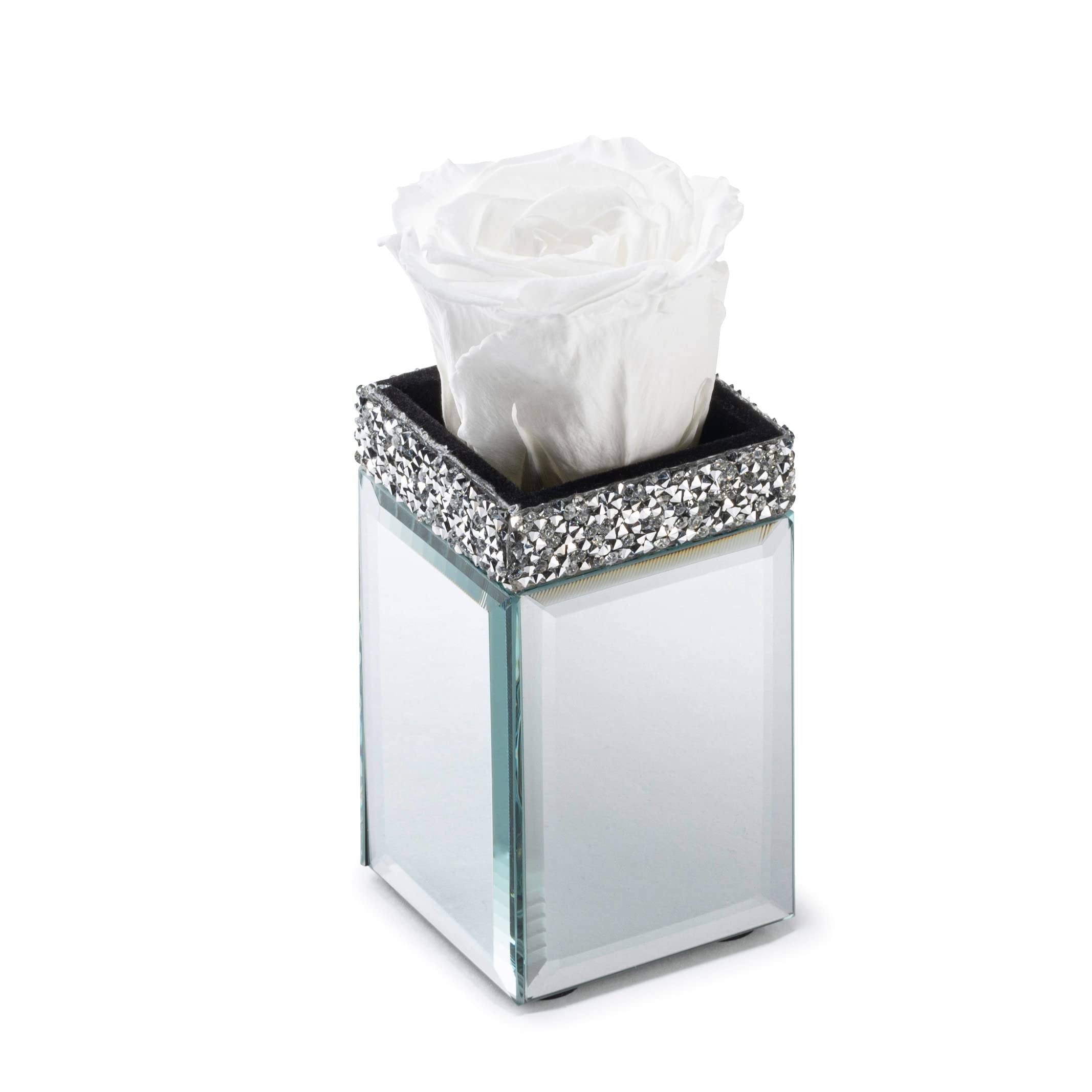 SOHO FLORAL ARTSMirrored Vase Pave Accent | Single Preserved Real Rose That Last a Year and More | Eternal Rose in a Box (White) | Valentines Day Gifts