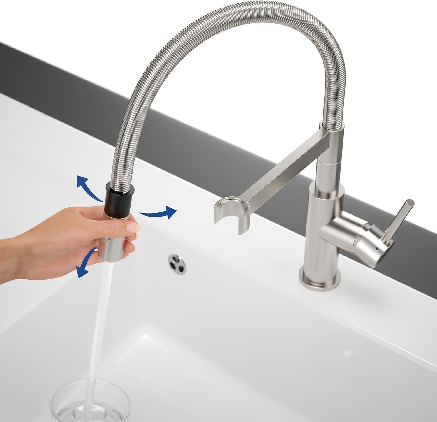 Villeroy & Boch Steel Expert Compact grifería de cocina, alta presión, con función de conmutación y desagüe orientable, grifo de fregadero de bajo consumo, altura del caño 143 mm, acero inoxidable