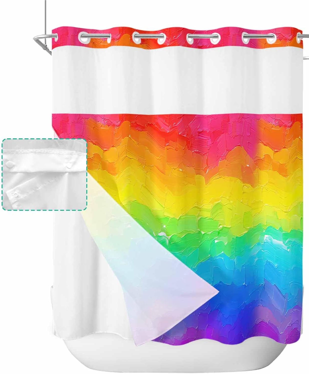 No Hook Shower Curtains with Snap in Liner, Rainbow Oil Painting Waterproof Fabric Shower Curtain, Watercolor Colorful Abstract Art Double Layers & See-Through Top Window Bathroom Curtains 72''x72''