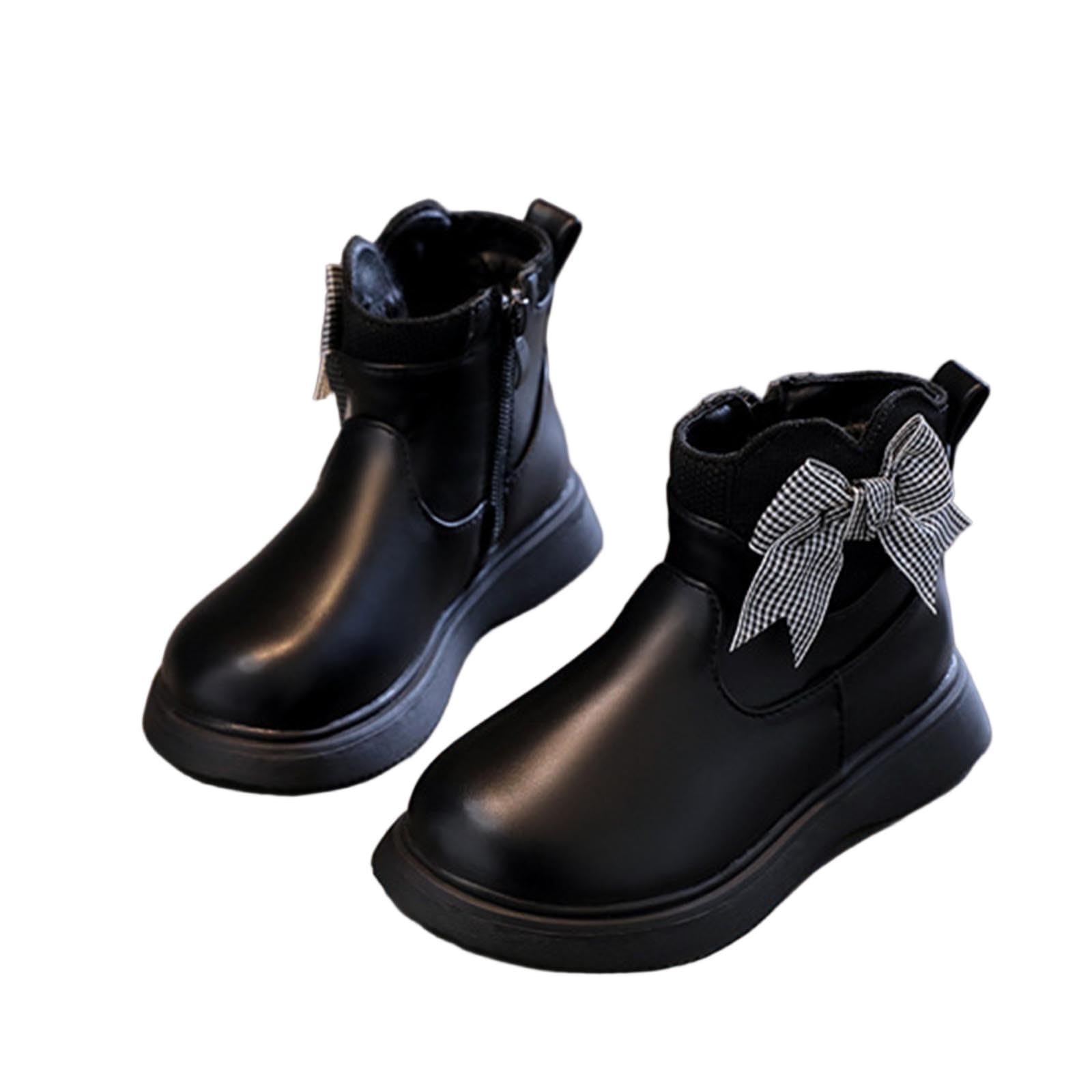 Girls Fur Lined Ankle Boots PU Leather Riding Boots Bow Side Zipper Short Booties Kids Walking Shoes 3-11