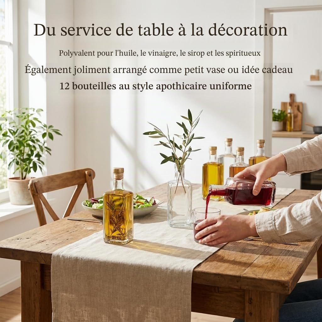 gouveo Lot de 12 bouteilles en verre 500 ml Carré Pharmacien avec bouchon en liège (HGK) - Bouteille 0,5 l à remplir et à offrir - Bouteille vide pour gin, liqueur, huile, vinaigre (AFET500HGK)