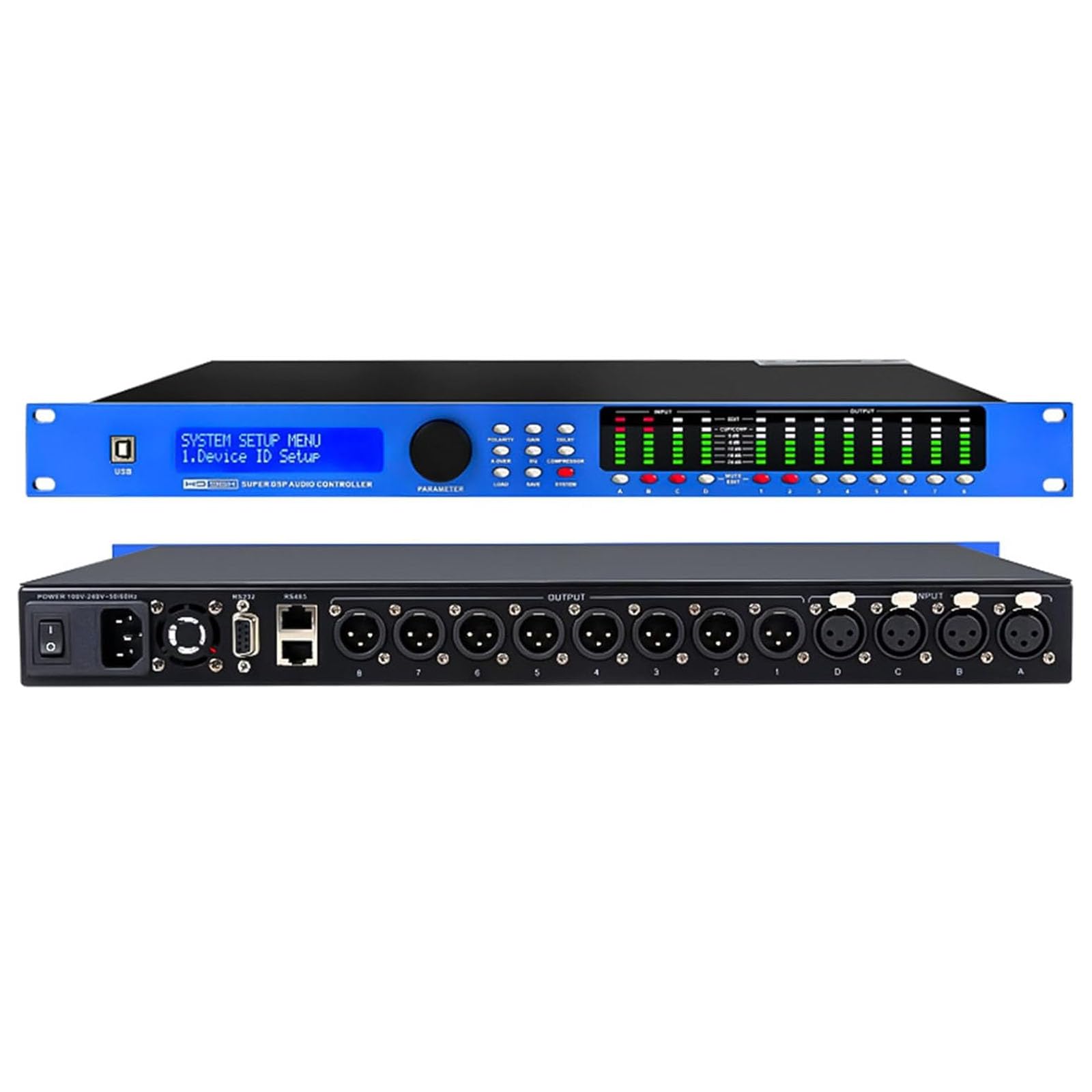 Procesador de audio, mezclador digital profesional, ecualizador de 31 bandas, crossover de 4 entradas/8 salidas con pantalla LCD e indicador de nivel para estudio de grabación