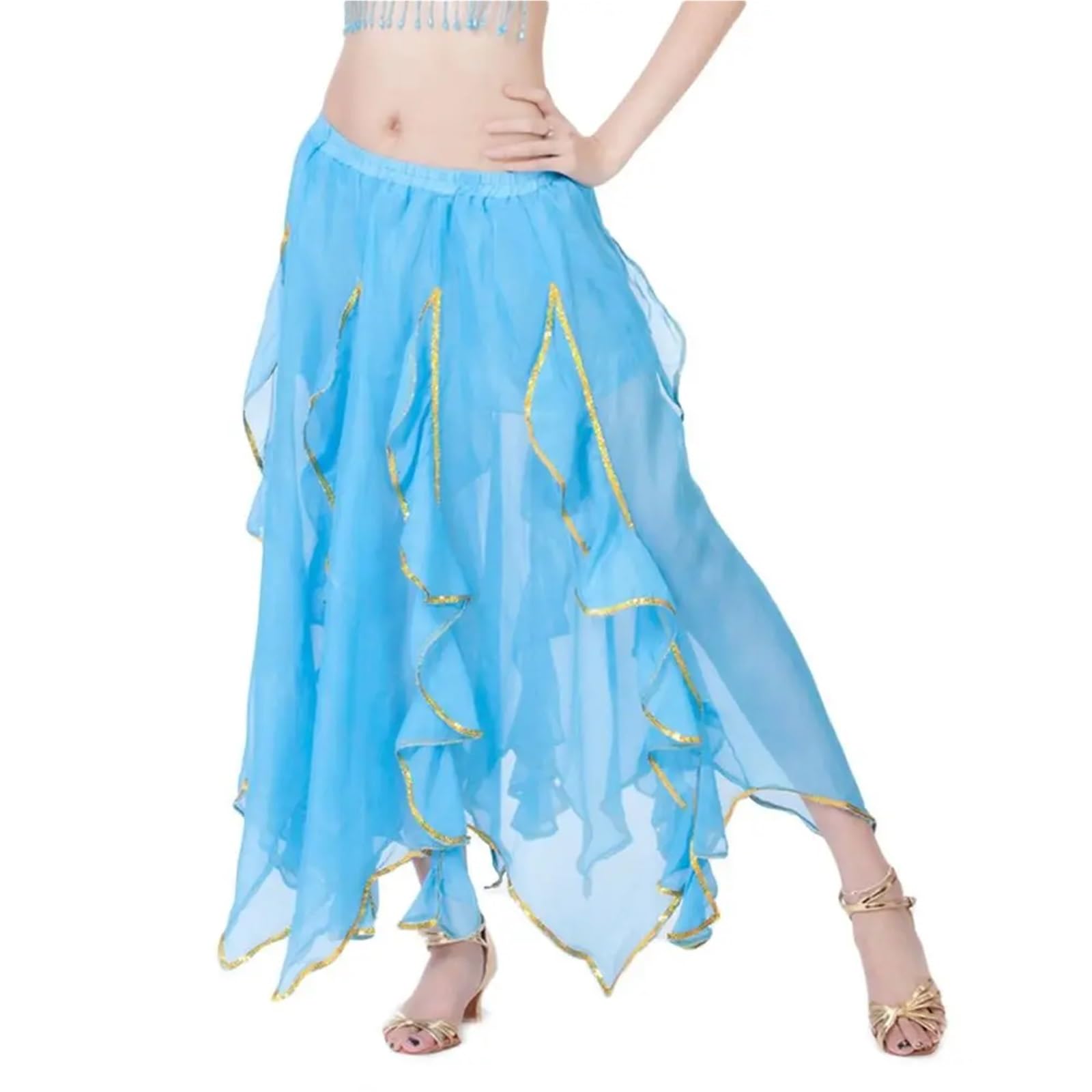 TRRYUIP Belly Dance Skirt Sparkling Belly Women Chiffon Shiny Tassels Long Dancing Skirt Show Costumes(Lake blue)