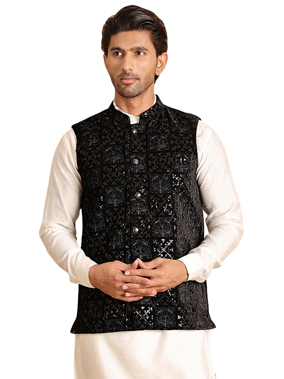 jompers Black Embroidered Nehru Jacket for Men-picture-51