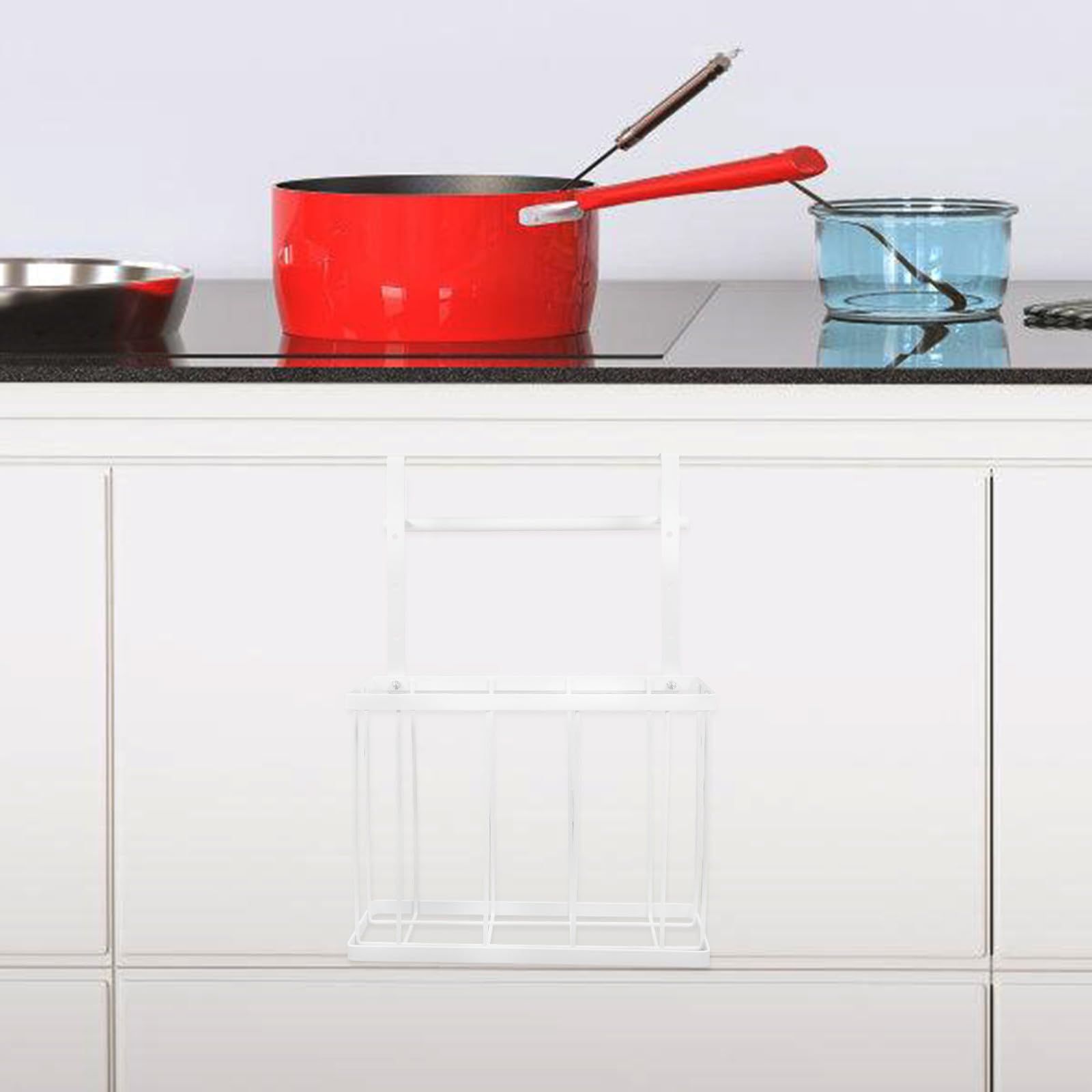 Hängekorb Multifunktionaler Aufbewahrungskorb aus Edelstahl für Schranktür mit Handtuchhalter Platzsparender Küchen und Badezimmer Organizer Weiß für Spüle und Schneidebrett