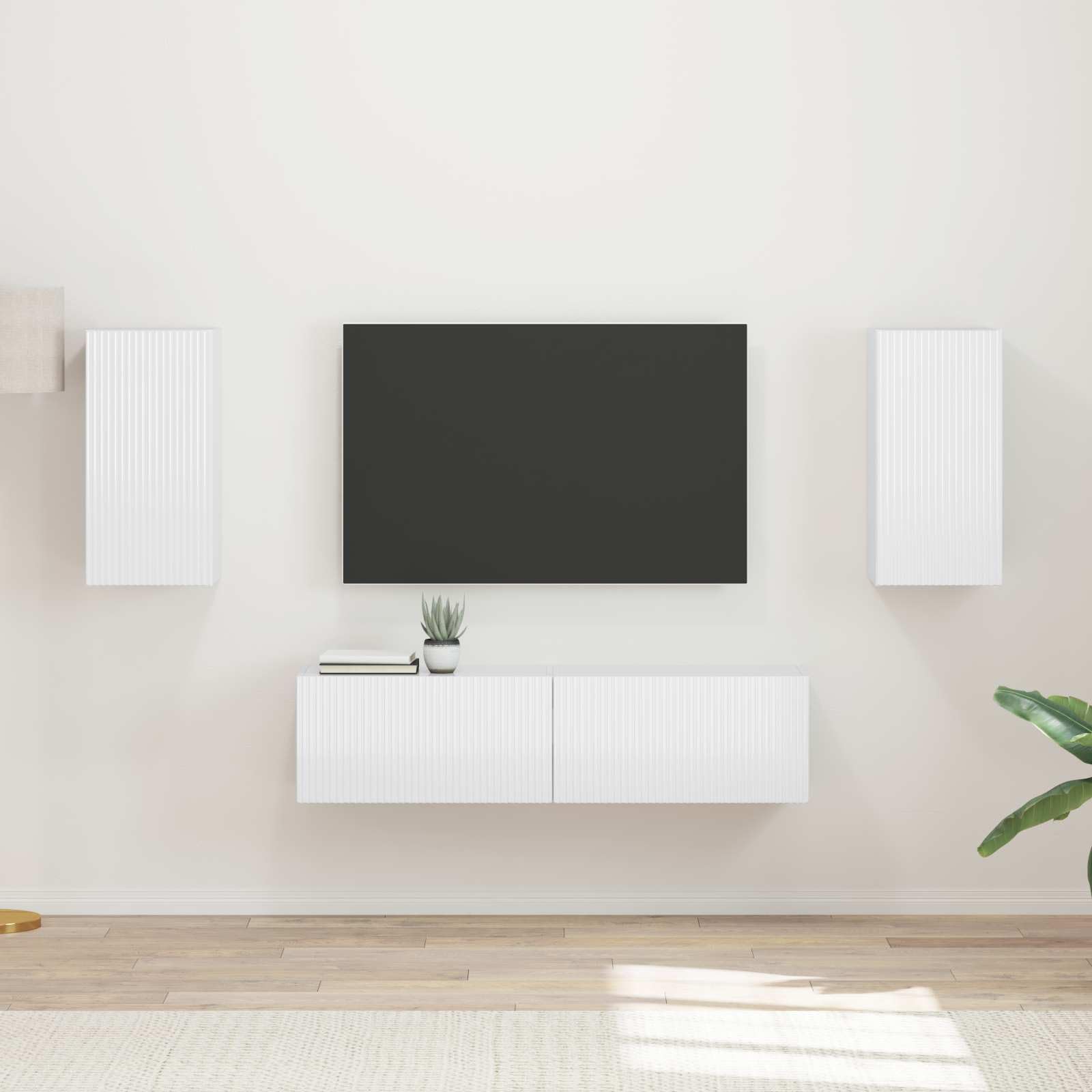 TV-Schrankset 4-TLG, Wohnwand in Hochglanz Weiß, modernes TV-Board und Wandregal Set aus Holzwerkstoff für Wohnzimmer, funktionales Media-Center zur Aufbewahrung