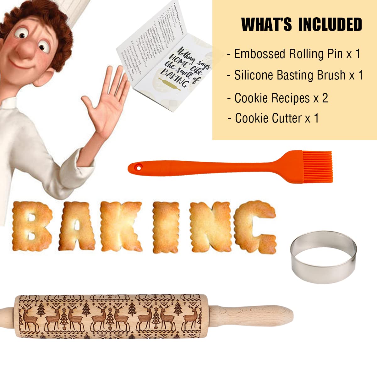 Christmas Embossed Rolling Pins for Baking Cookies Reindeer Transfer Wooden Embossing Rolling Pin Beech Moose Laser Cut Engraved 3D Dough Roller Elk Snowflake Impression Basting Brush Cookie Cutter