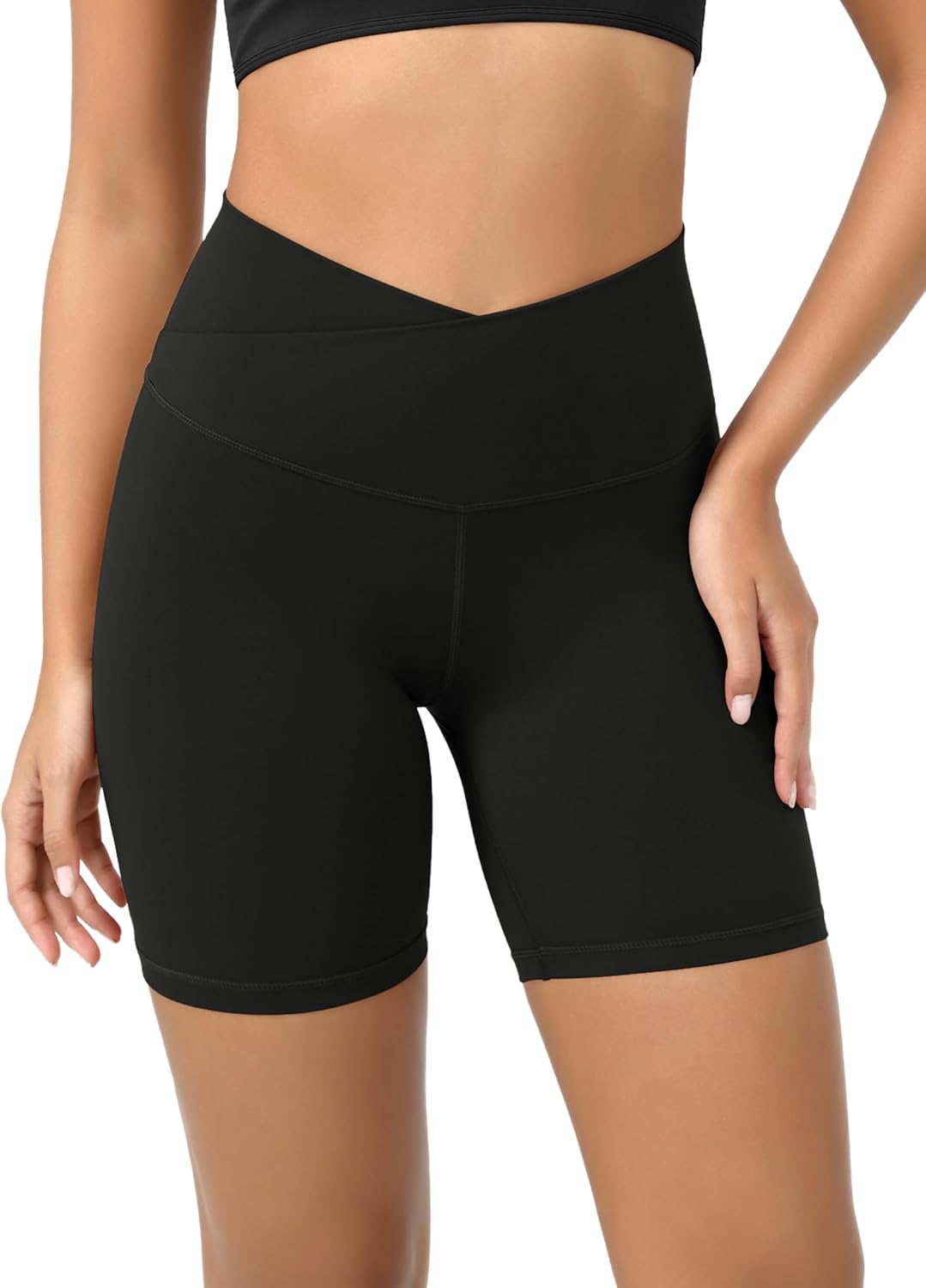 ODODOS Cloud Feeling Crossover Yoga Shorts with Back Pocket for Women, 6" / 8“ V High Wasit Lounge Biker Shorts 6" Inseam Large Black