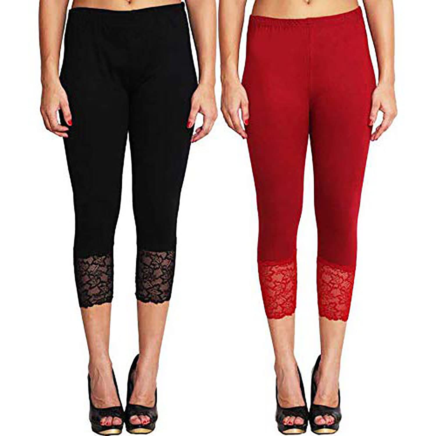 Women's Viscose Solid Lace Capri Pack of 2 Free Size:(Waist 28Inches-32 Inches)-image-13
