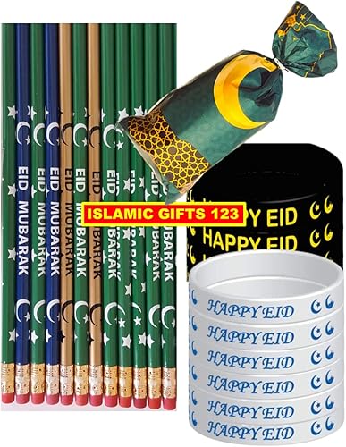 Islamic Gifts 123 Eid Favors - 144 pulseras Eid Lápices Eid, bolsas de golosinas Eid, regalos para niños, bolsas de golosinas de Ramadán, novedad