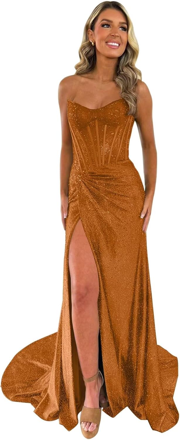 Strapless Sequin Prom Dress with Slit 2026 Mermaid Beaded Corset Formal Evening Gown