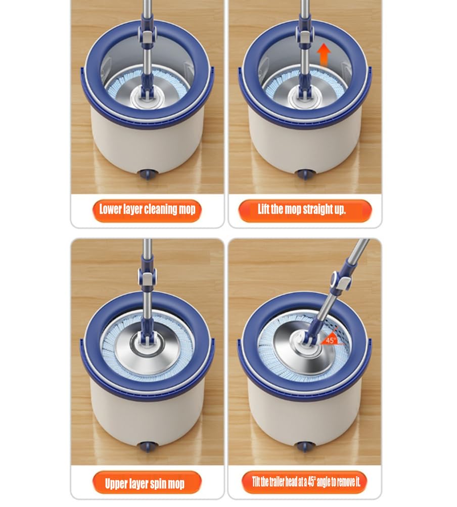 Juego de fregonas Spin Frep y Cubo Fregona telescópica de Microfibra con escurridor, 2 Almohadillas y Cubo Desmontable de 2 Compartimentos con Orificio de Drenaje para el hogar y