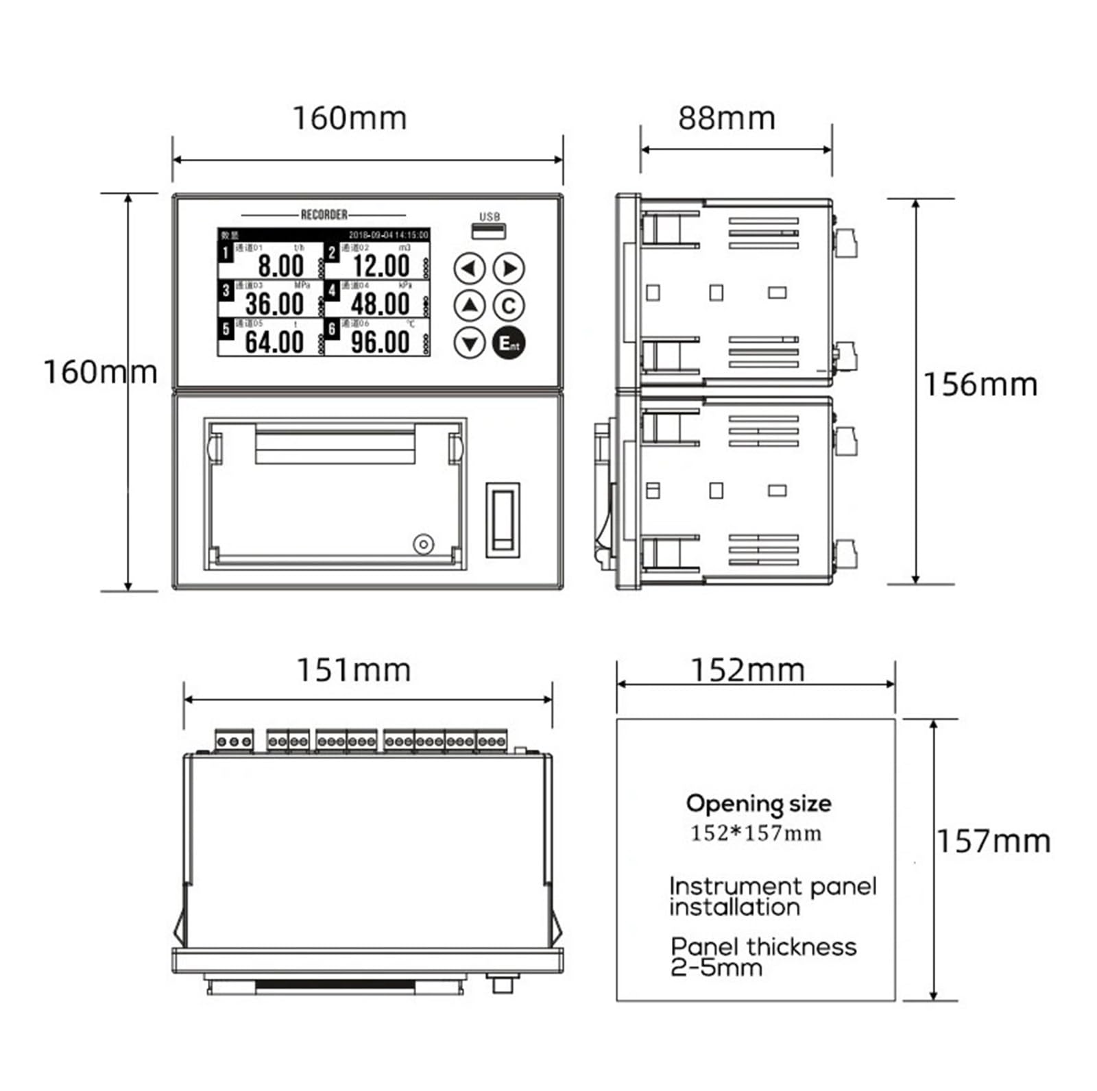 Datenlogger mit Mikrodrucker, Spannungs- und Stromkurvendruck, Mehrkanal-Recorder for Thermoelement-Sensordaten(2 Channel (220VAC))