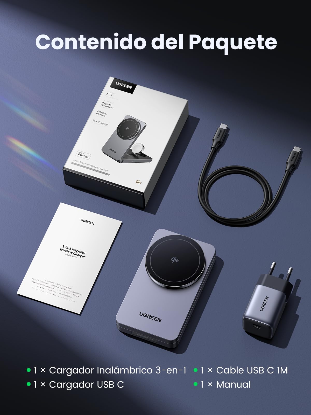 UGREEN MagFlow 3 en 1 Cargador Inalámbrico Qi2 15W Magsafe | Compatible con iPhone 17/16/15/14/13/12 Air Plus Pro Max AirPods 4/3/Pro 3/2/1 iWatch, Estación de Carga Rápida