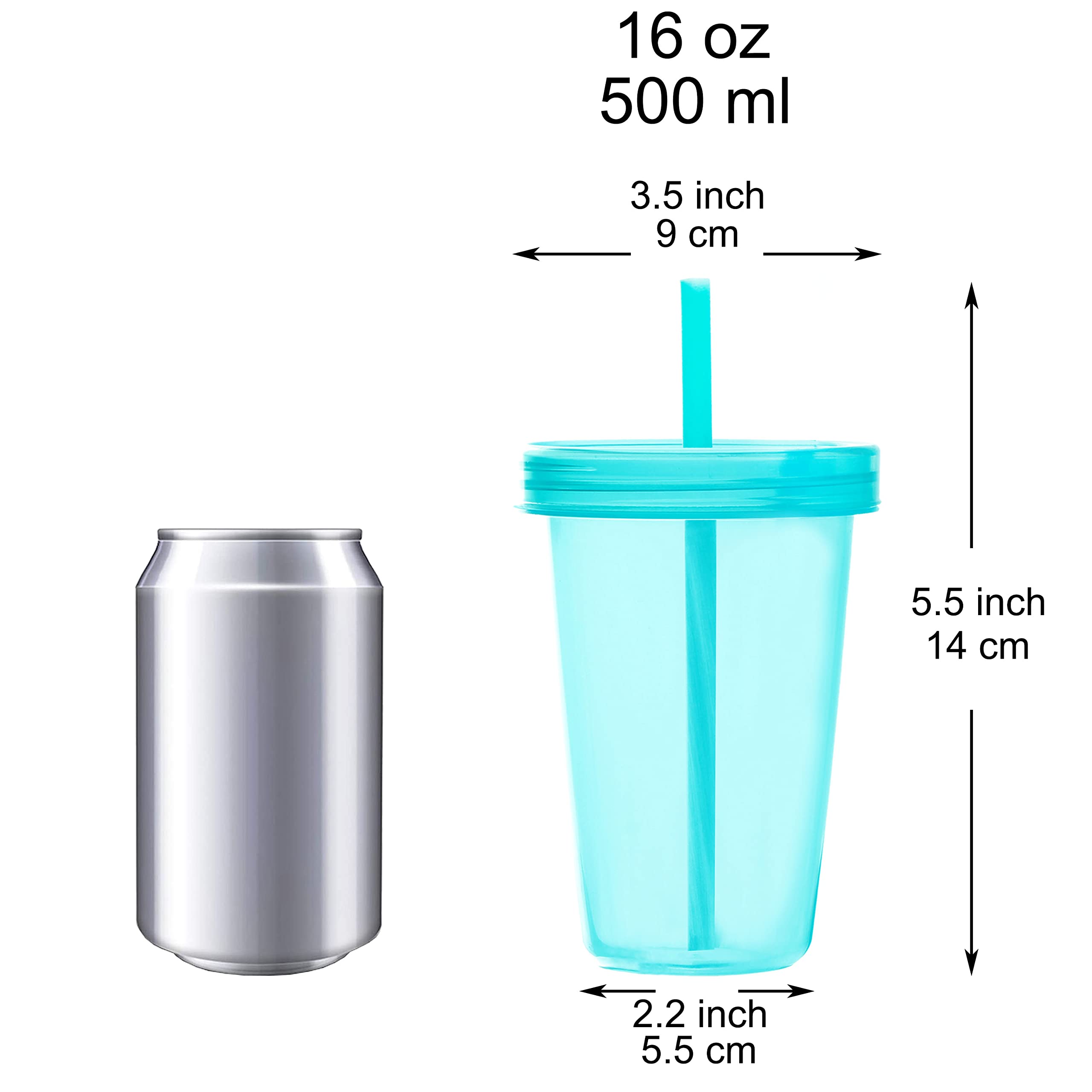 Youngever 9 zestawów plastikowych kubków 500 ml z pokrywkami i słomkami, plastikowe kubki wielokrotnego użytku ze słomkami w 9 różnych kolorach