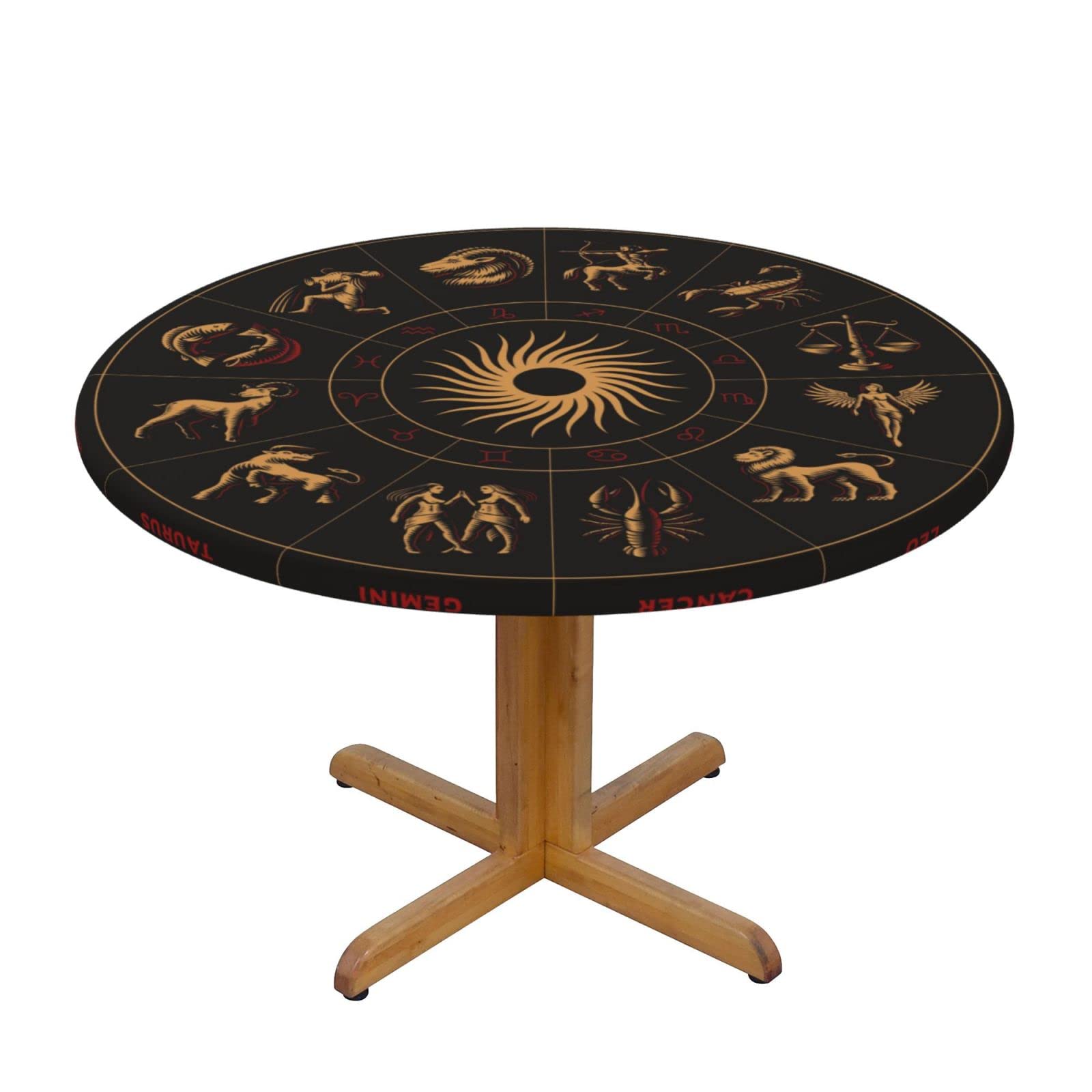 Lsjuee Round Fitted Tablecloth 45-50in Elastic Edged Table Cloth for Kitchen Dining Party Home Decor - Zodiac Signs Black