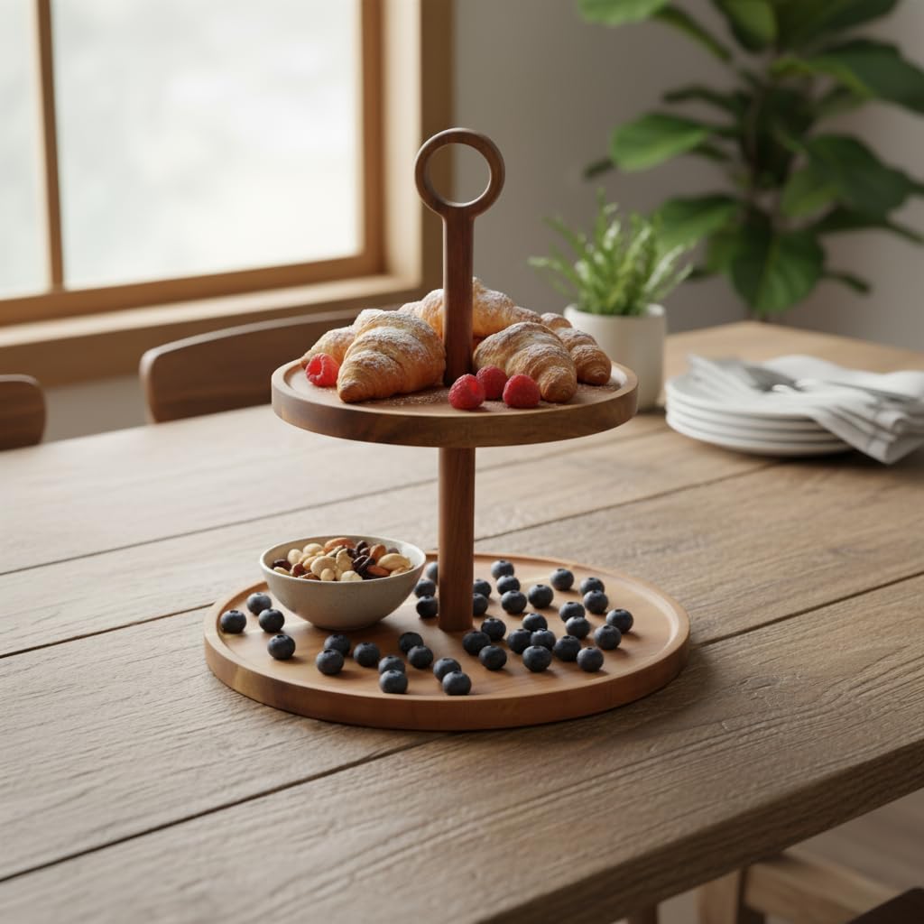 Deconox Doğal Akasya Ağacından Ahşap 2 Katlı Kurabiyelik ve Servis Tabağı | Sunum Standı | Çap: 18 cm, Yükseklik: 25 cm | Doğal ve Şık