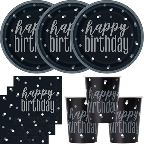 Playflip Partyset Einweggeschirr schwarz Silber 48 TLG. Partygeschirr Teller Becher Servietten Geburtstag Happy Birthday