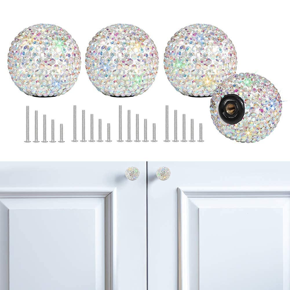 SAVORI Cabinet Knob Crystal Dresser Cupboard Drawer Wardrobe Door Knobs Bling Round Pull Handle with Screws for Home Kitchen Bathroom Office 4PCS (AB Color)