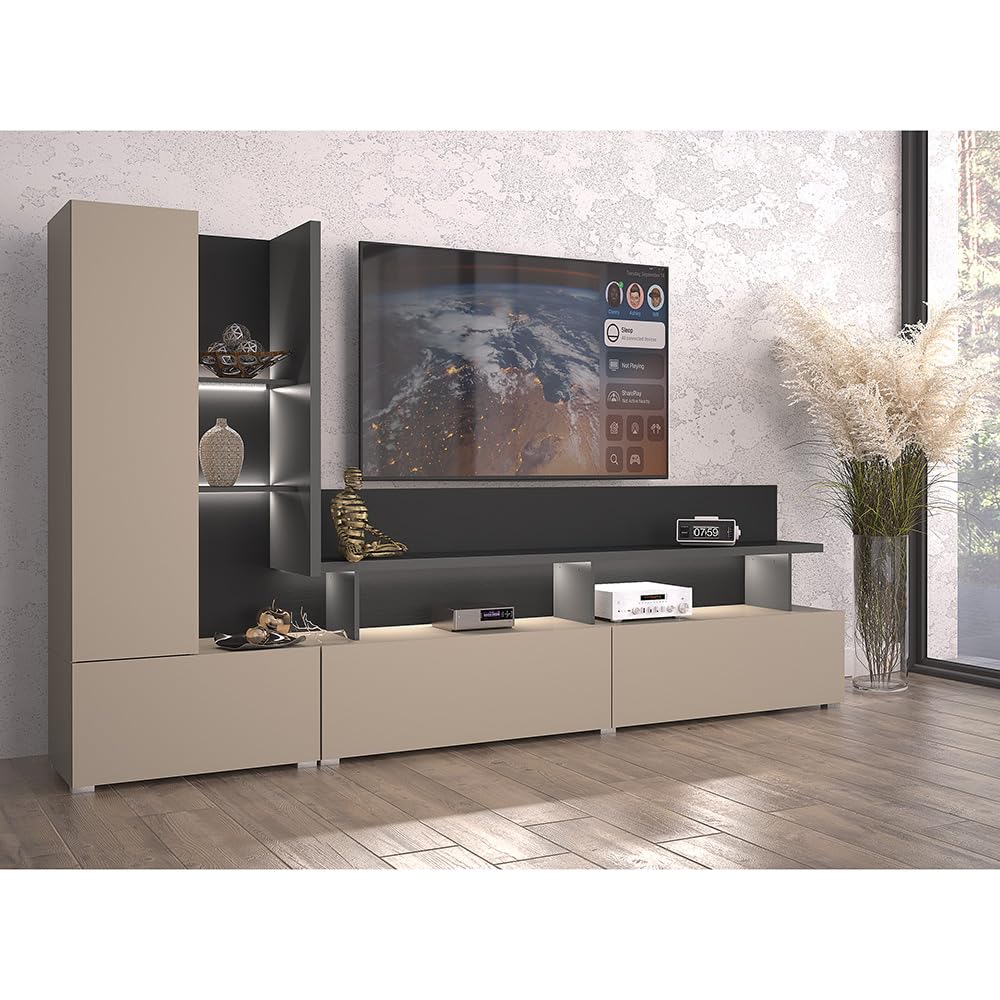 Wohnwand in beige mit anthrazit LED-Beleuchtung 2 Schubladen TV-Wand modern