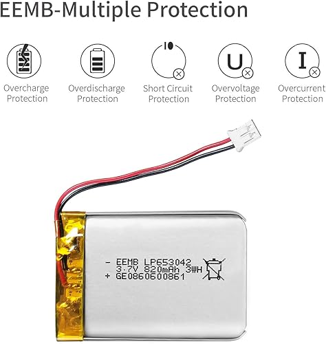 Miniatura 5 de EEMB Paquete de 100 baterías de polímero de litio 3.7 V 820 mAh 653042 Lipo batería recargable con conector JST de cable para altavoz y dispositivo