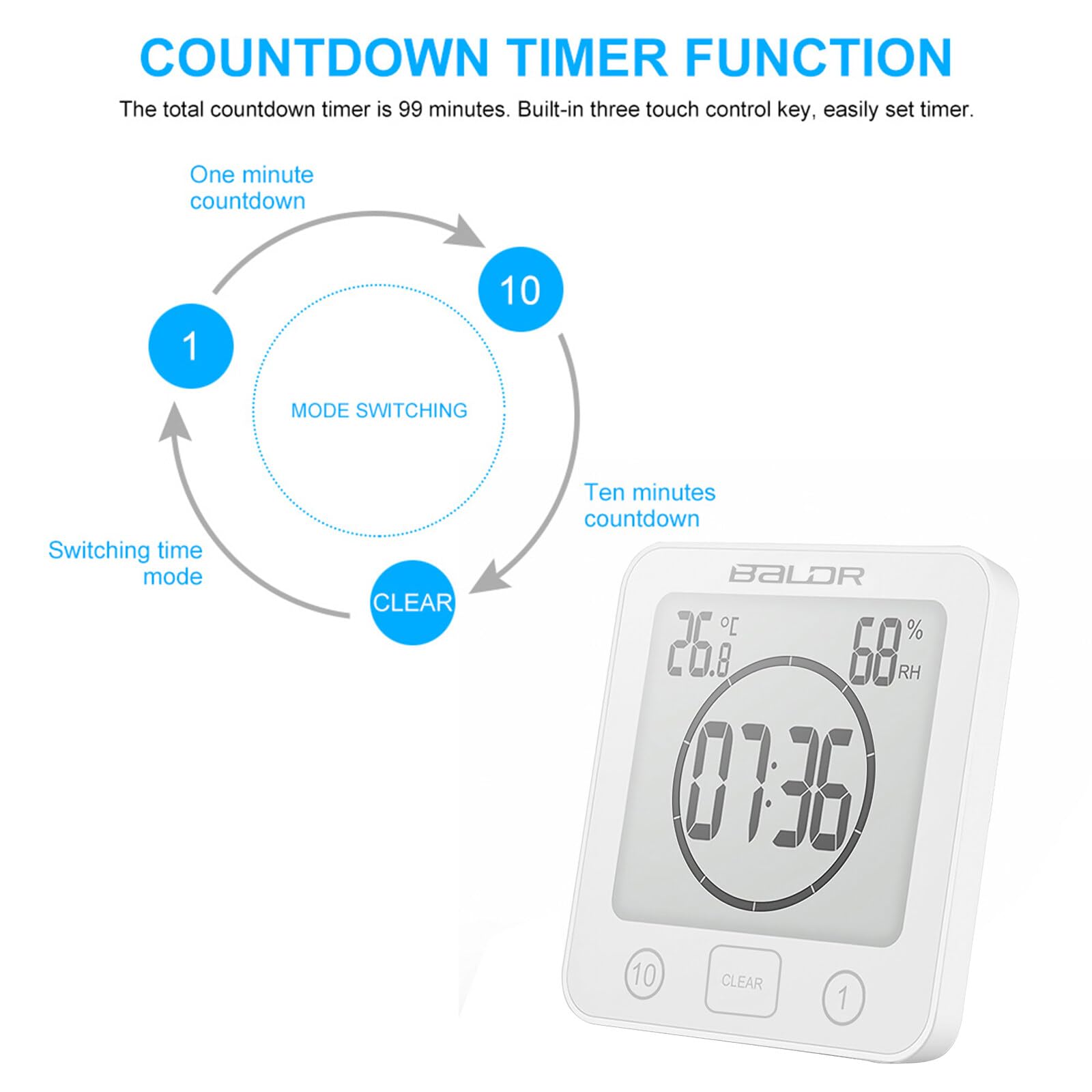 Reloj de baño Reloj de Pared de la Ducha de baño Digital con Alarma Pantalla de Temperatura de Humedad Pantalla LCD Grande Temporizador de Ducha de Cuenta Regresiva