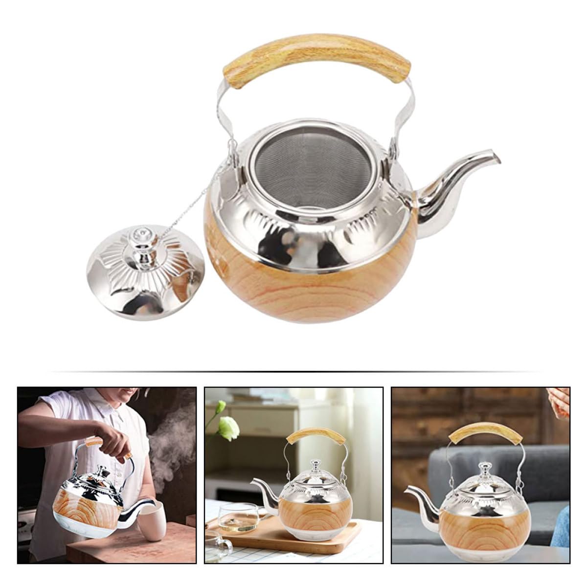 Tetera de Acero Inoxidable con Asa 1L Capacidad Grande, Diseño Elegante y Resistente, Fácil para Verter Té en Ambientes