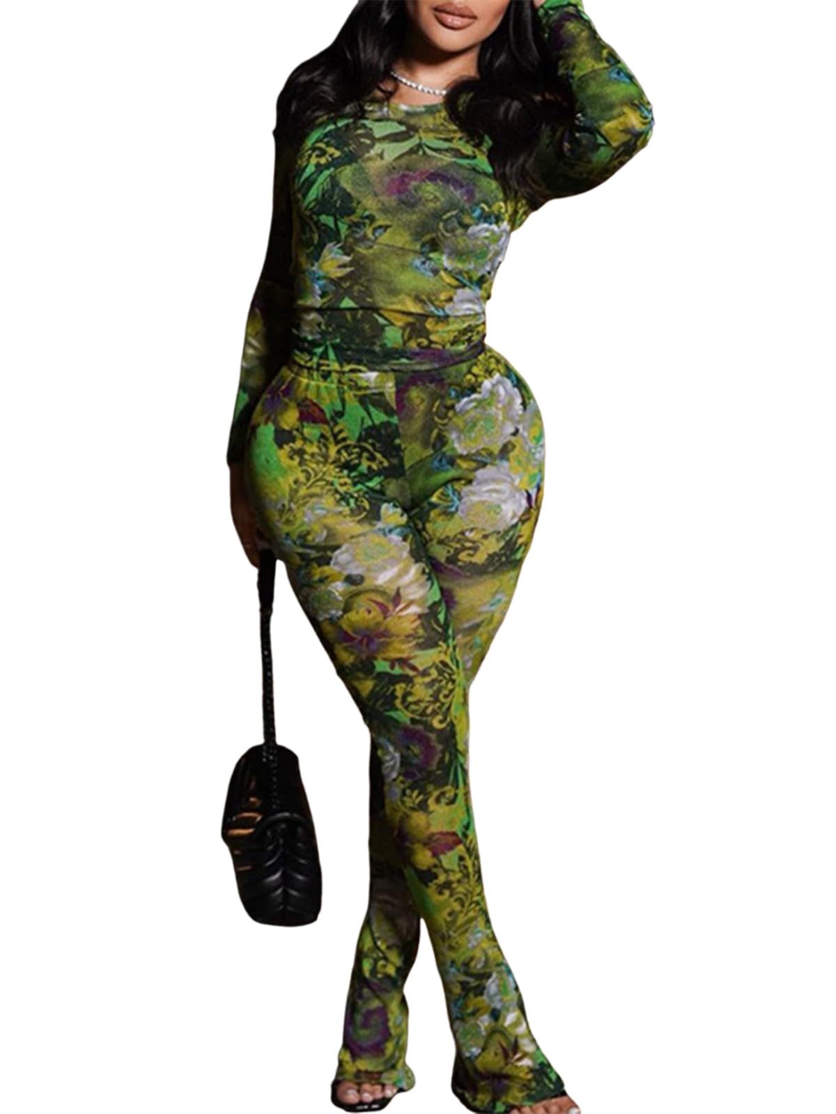 Two Piece Sets for Women Floral Print See Through Mesh Long Sleeve Crop Tops and Pants Sets Jumpsuits Club Outfits