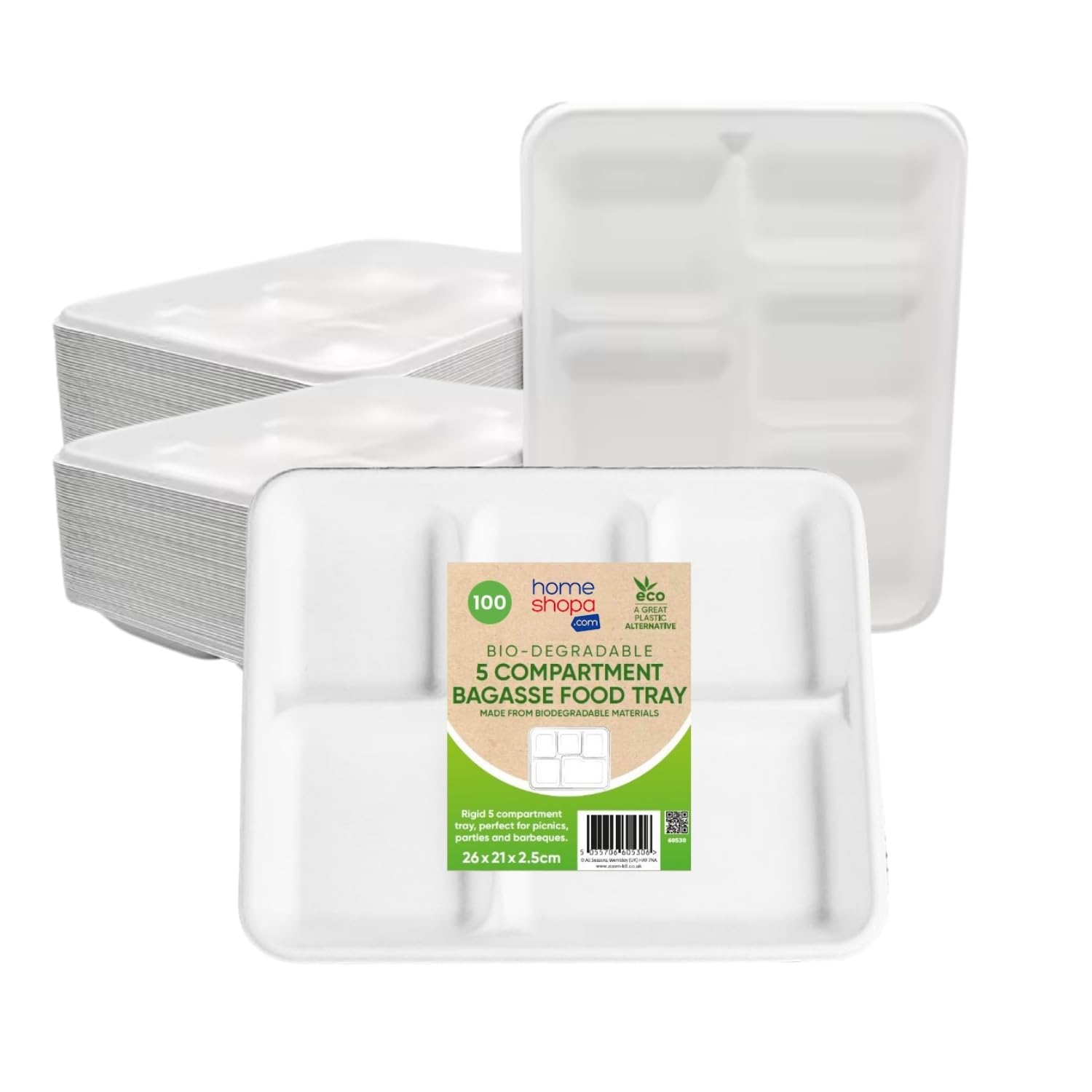 HOMESHOPA Bagasse Plates, 50 Pack 5 Compartment Biodegradable Disposable Sugarcane Paper Plates, Heavy Duty Compostable ECO Friendly Super Rigid White Dinner Plates for Party Picnic BBQ