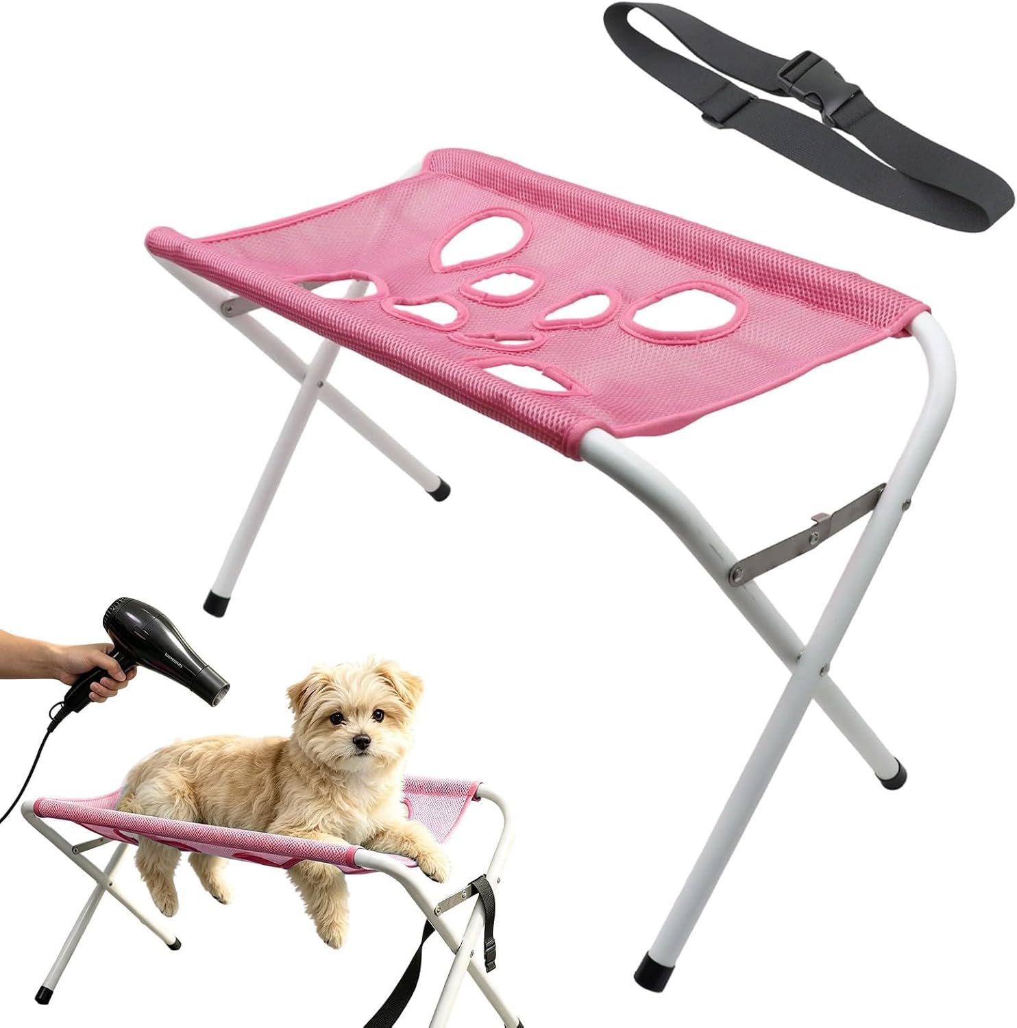 Pet Grooming Stand Foldable Cat Dog Grooming Stool Bathing Station | Portable Pet Grooming Table with Fixing Strap for Nail Clipping Blowing Drying Household Small Medium Dogs Cats Care