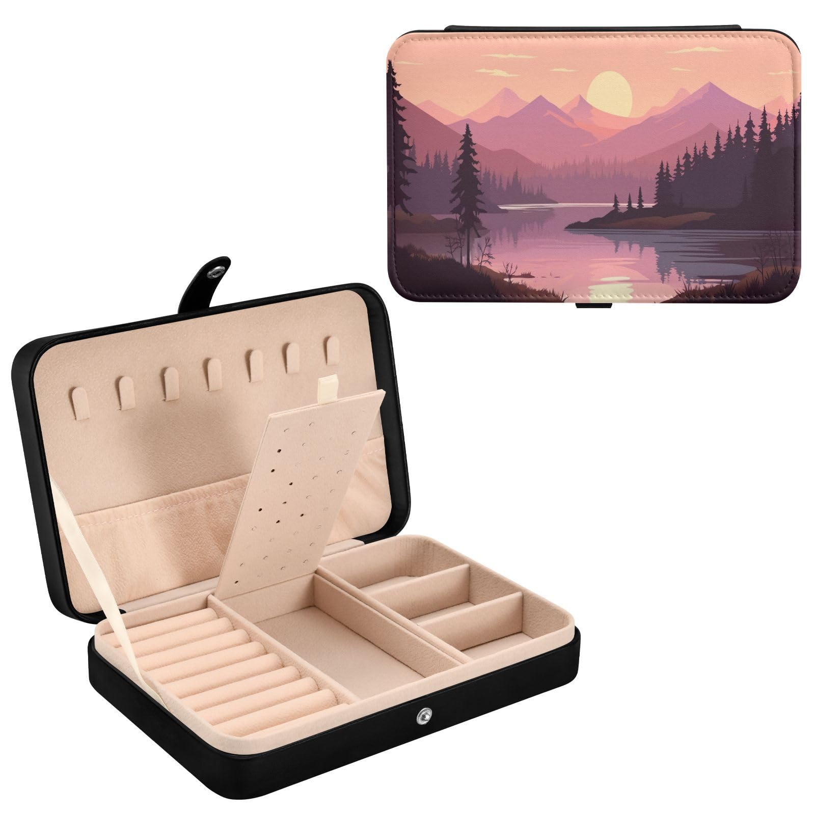 Haskirky Landscape Landscape Jewelry Box Portable PU Leather Travel Jewelry Organize for Women Jewelry Storage Display Holder for Ring, Necklace, Earring