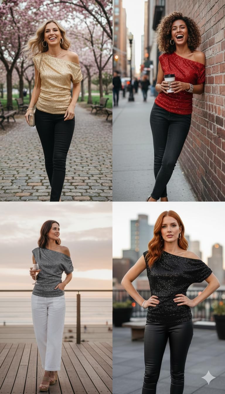 One Shoulder Sequin Tops for Women Off Shoulder Sparkly Shirt Elegant Asymmetrical Ruched Glitter Shirt - Image 5