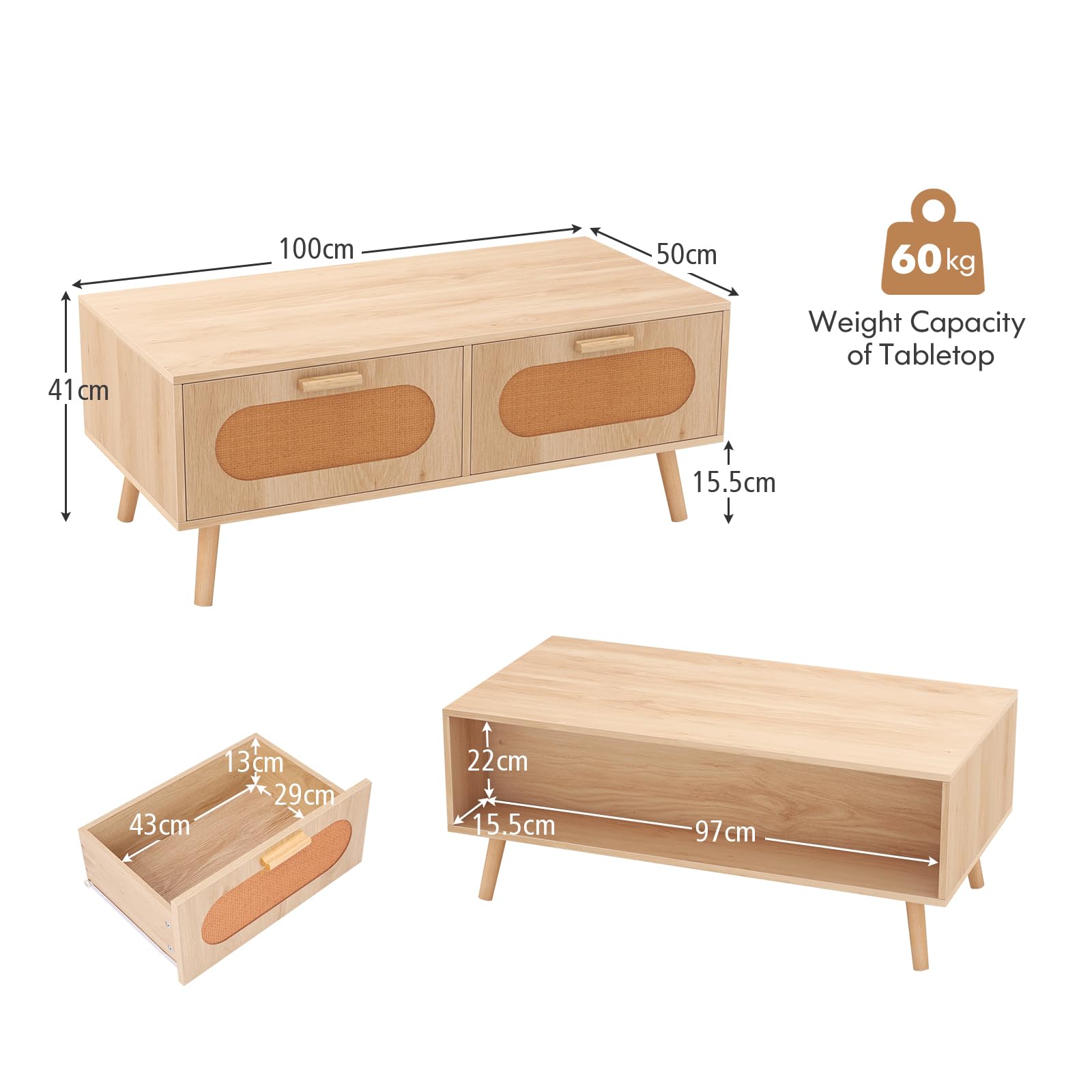 LIFEZEAL Mesa de Centro con 2 cajones y 1 Compartimento Grande, Mesa de salón con 4 Patas de Madera Maciza, Capacidad de Carga 60 KG, 100 x 50 x 41 CM, Natural, Estilo rústico