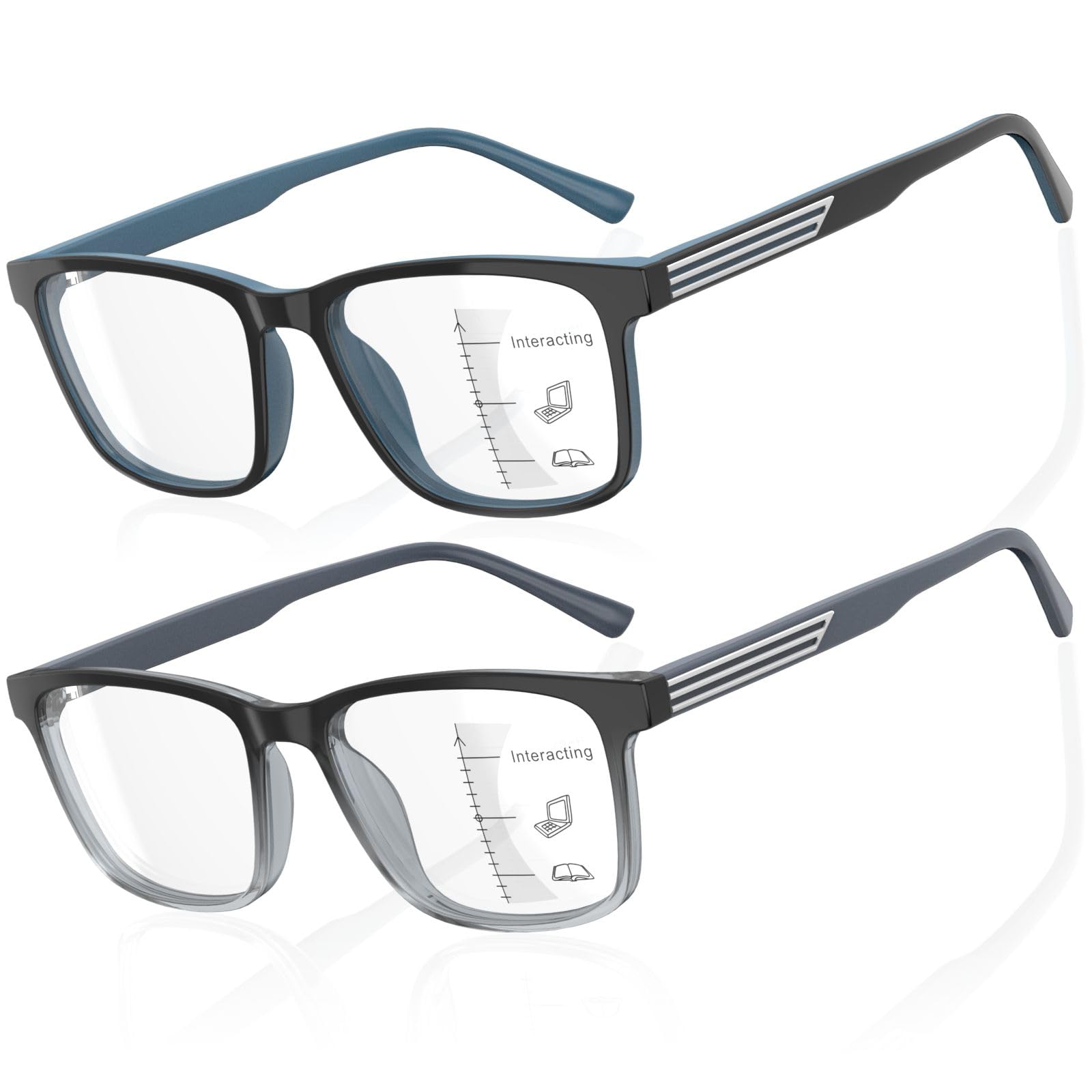 DEHOTRE - Set di 2 lenti da lettura progressive multifocus da uomo, infrangibili TR90, con templi di grandi dimensioni, intarsiati in metallo, Lente progressiva/nero+blu/2 paia, 140 millimeters