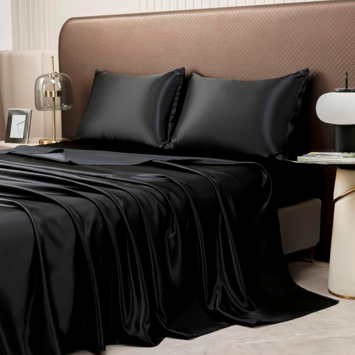 JUWENIN Silky Soft Solid Matte-Satin Bed Sheet Sets Shiny-Free,Deep Pocket (Twin, Black)