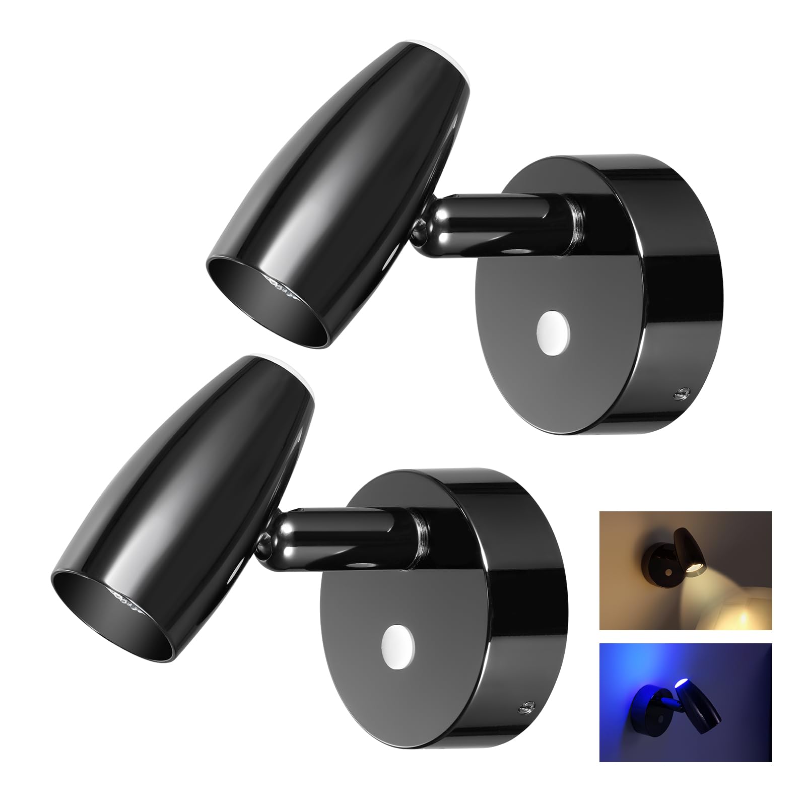 2 x Lampade da Lettura LED 12V Dimmerabile Girevole Spot Camper Barca Lampada da Parete da Comodino, Per Caravan Furgone Van, 12-24V DC con Caricatore USB & Luce notturna blu, Nero lucido