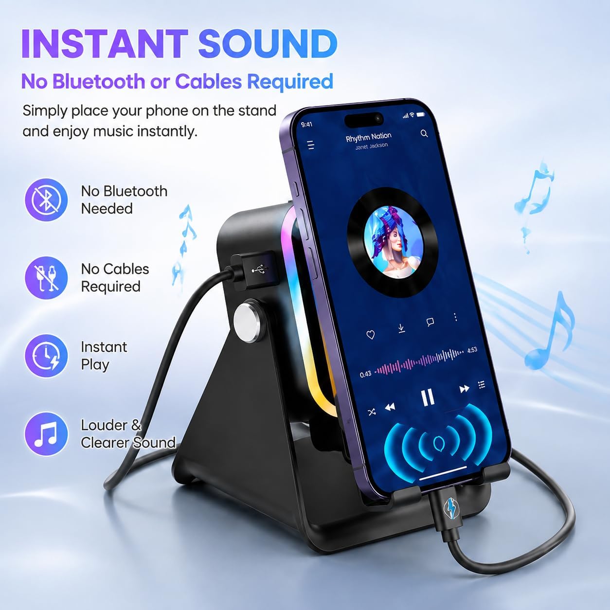 Induction Speaker with Phone Stand 5 in 1 Wireless Bluetooth Audio, Louder Sound, Emergency Phone Charging, Cool Tech Gift for Men, Women & Teens (Black) image 2