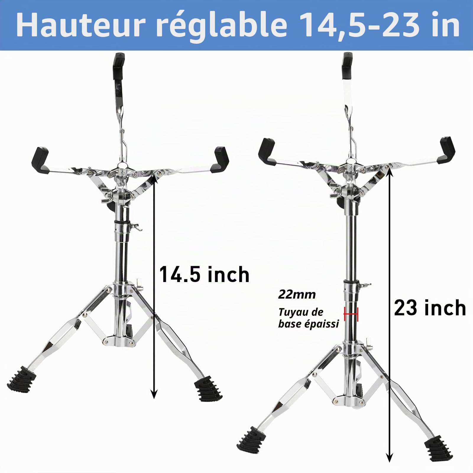 Youeon Support de caisse claire avec support de baguettes de batterie, trépied léger à double entretoise, convient pour caisse claire de 25,4 à 35,6 cm, hauteur réglable de 36,8 à 58,4 cm pour les