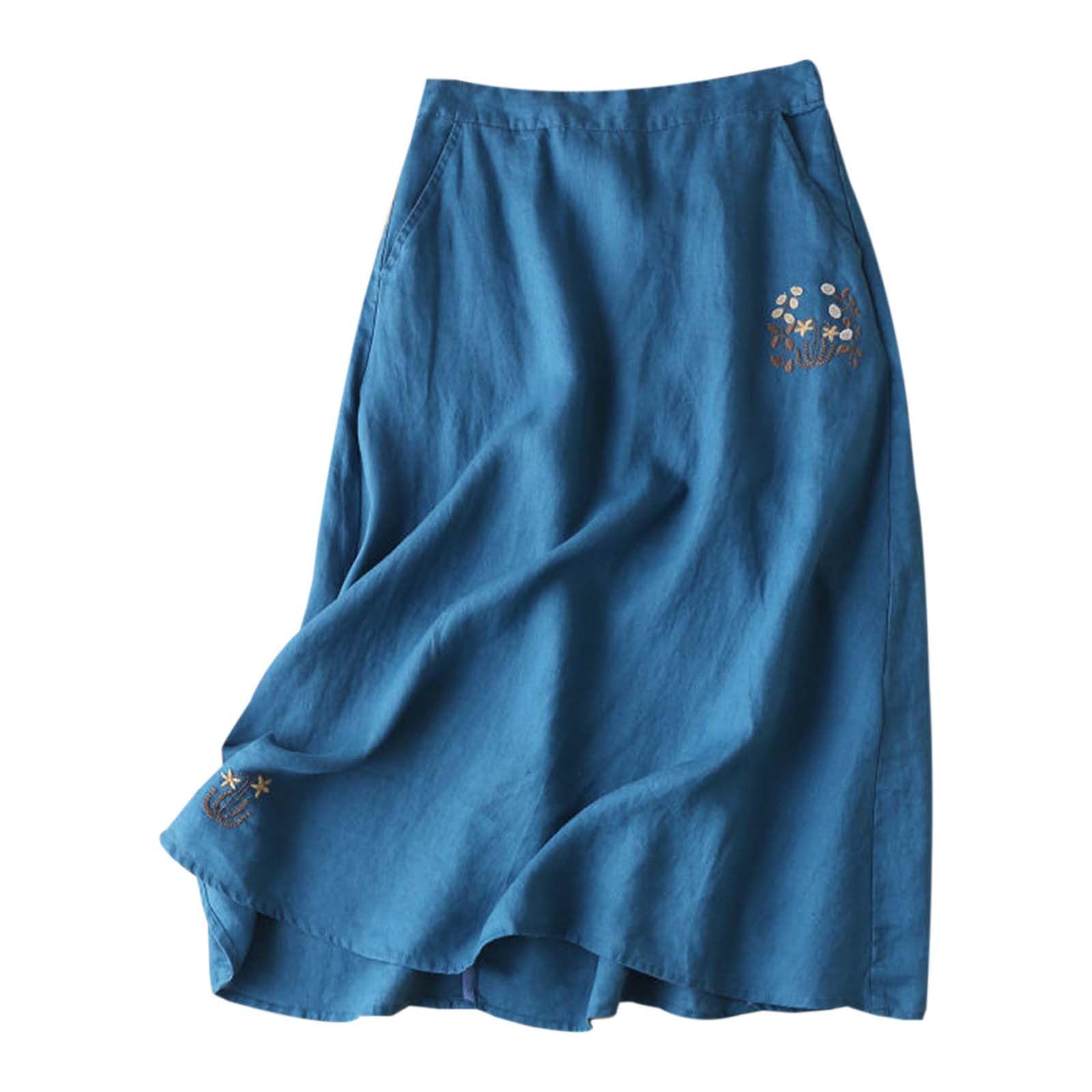 Générique Jupe Femme Fluide en Coton et Lin Brodée Haute Élastique Style Boho Décontracté Trapèze Mi-Longue